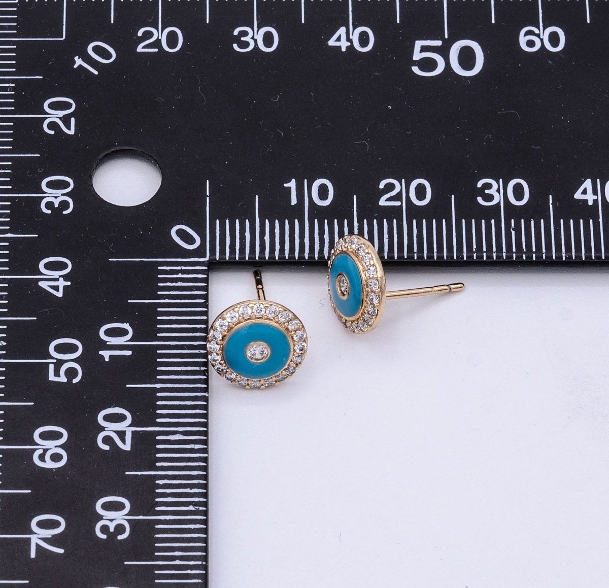 16K Gold Filled Round Evil Eye Teal Enamel Micro Paved Stud Earrings | AD874 - DLUXCA