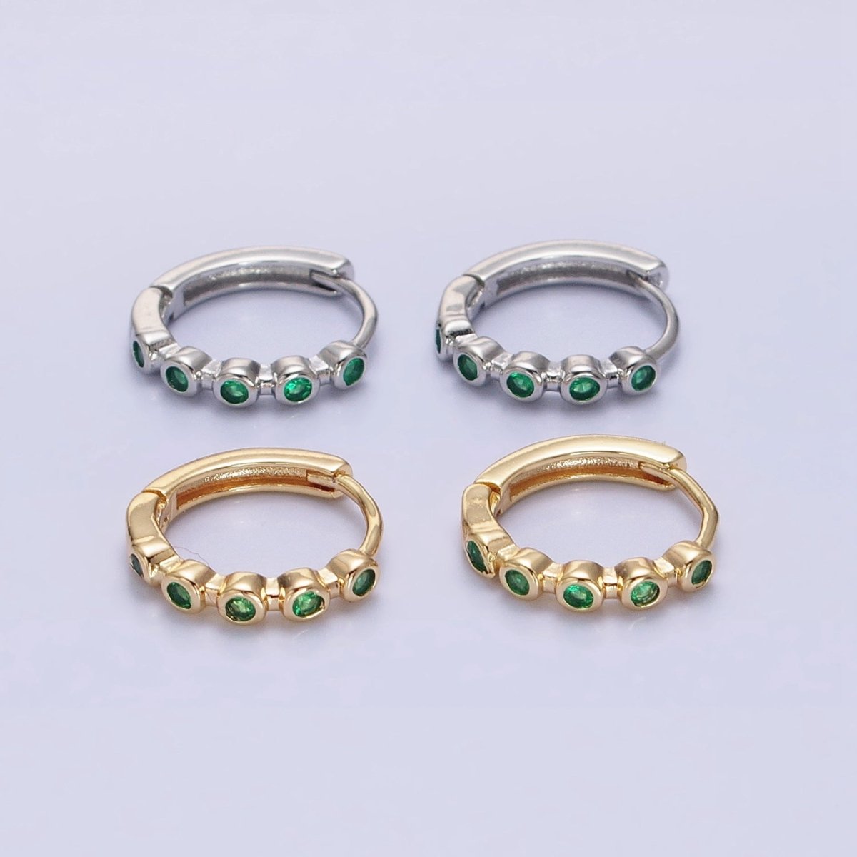16K Gold Filled Round Green CZ Lined 12.5mm Huggie Earrings in Gold & Silver | AB1445 AB1446 - DLUXCA