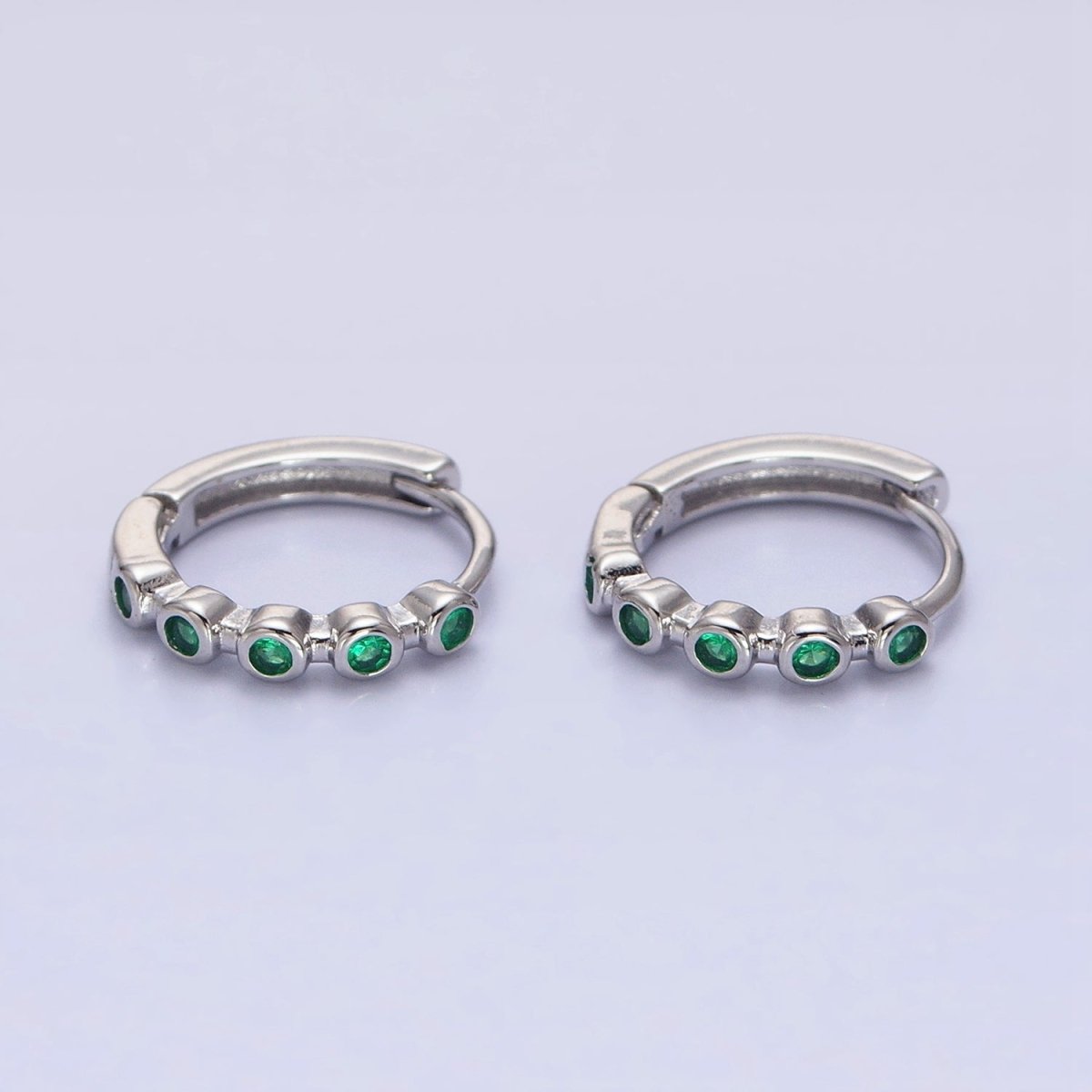 16K Gold Filled Round Green CZ Lined 12.5mm Huggie Earrings in Gold & Silver | AB1445 AB1446 - DLUXCA