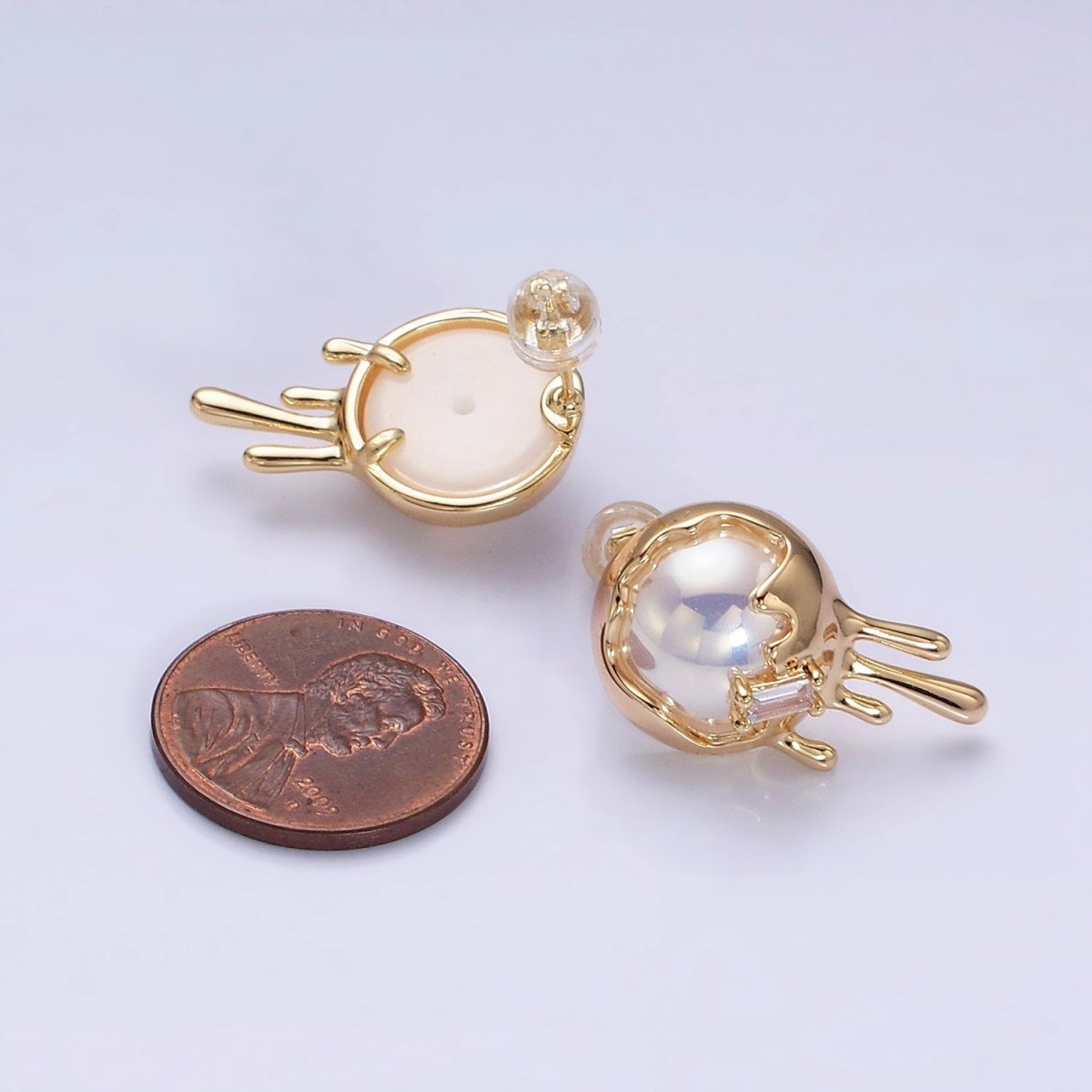 16K Gold Filled Round Iridescent Pearl Molten Drip Stud Earrings in Gold & Silver | AD980 AD981 - DLUXCA