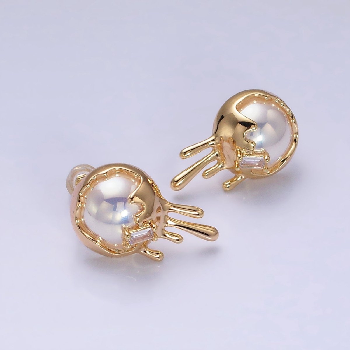 16K Gold Filled Round Iridescent Pearl Molten Drip Stud Earrings in Gold & Silver | AD980 AD981 - DLUXCA