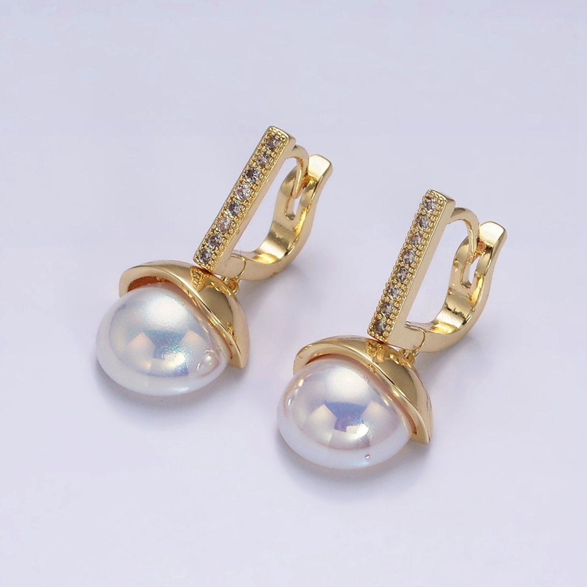 16K Gold Filled Round Pearl Drop Micro Paved CZ Bar English Lock Earrings in Gold & Silver | Y-793 Y-794 - DLUXCA