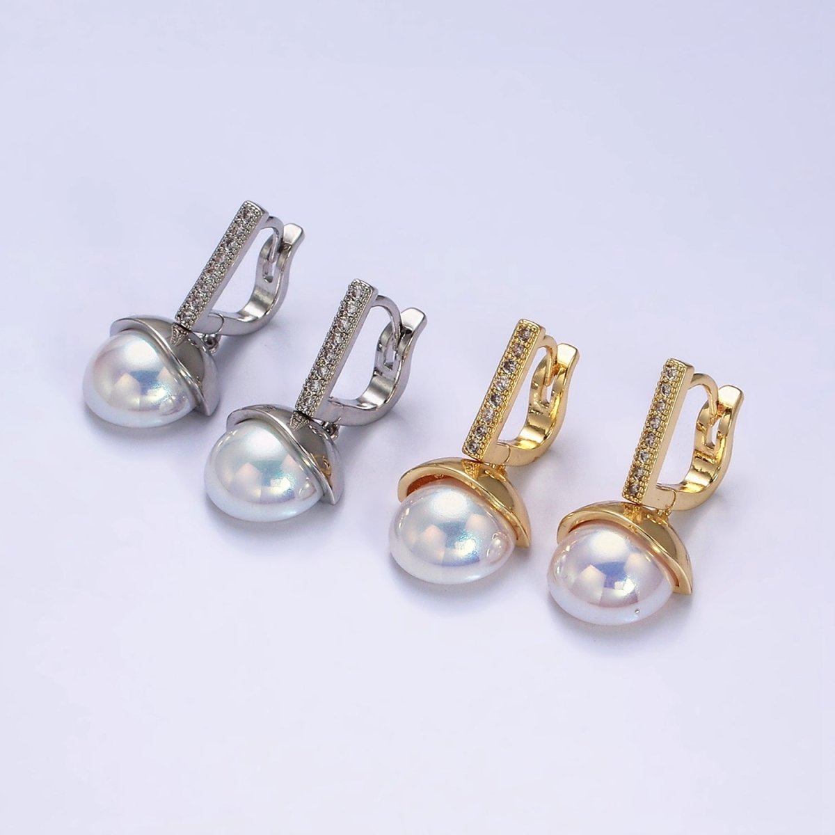 16K Gold Filled Round Pearl Drop Micro Paved CZ Bar English Lock Earrings in Gold & Silver | Y-793 Y-794 - DLUXCA