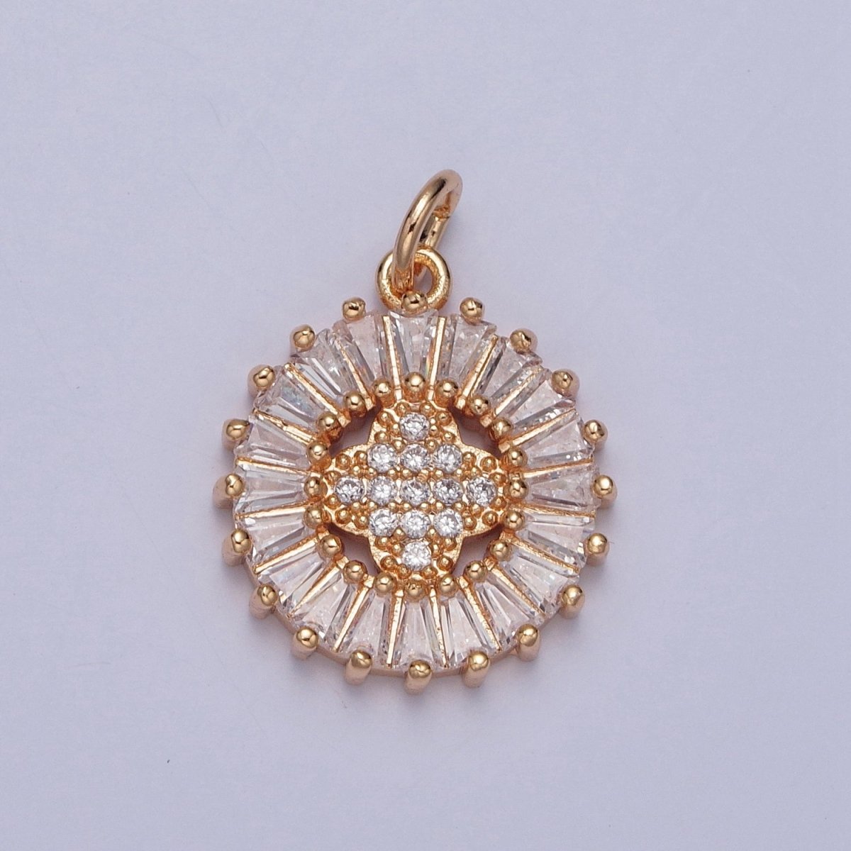 16K Gold Filled Round Quatrefoil Baguette Micro Paved Cubic Zirconia Charm For DIY Jewelry Making | X-236 - DLUXCA