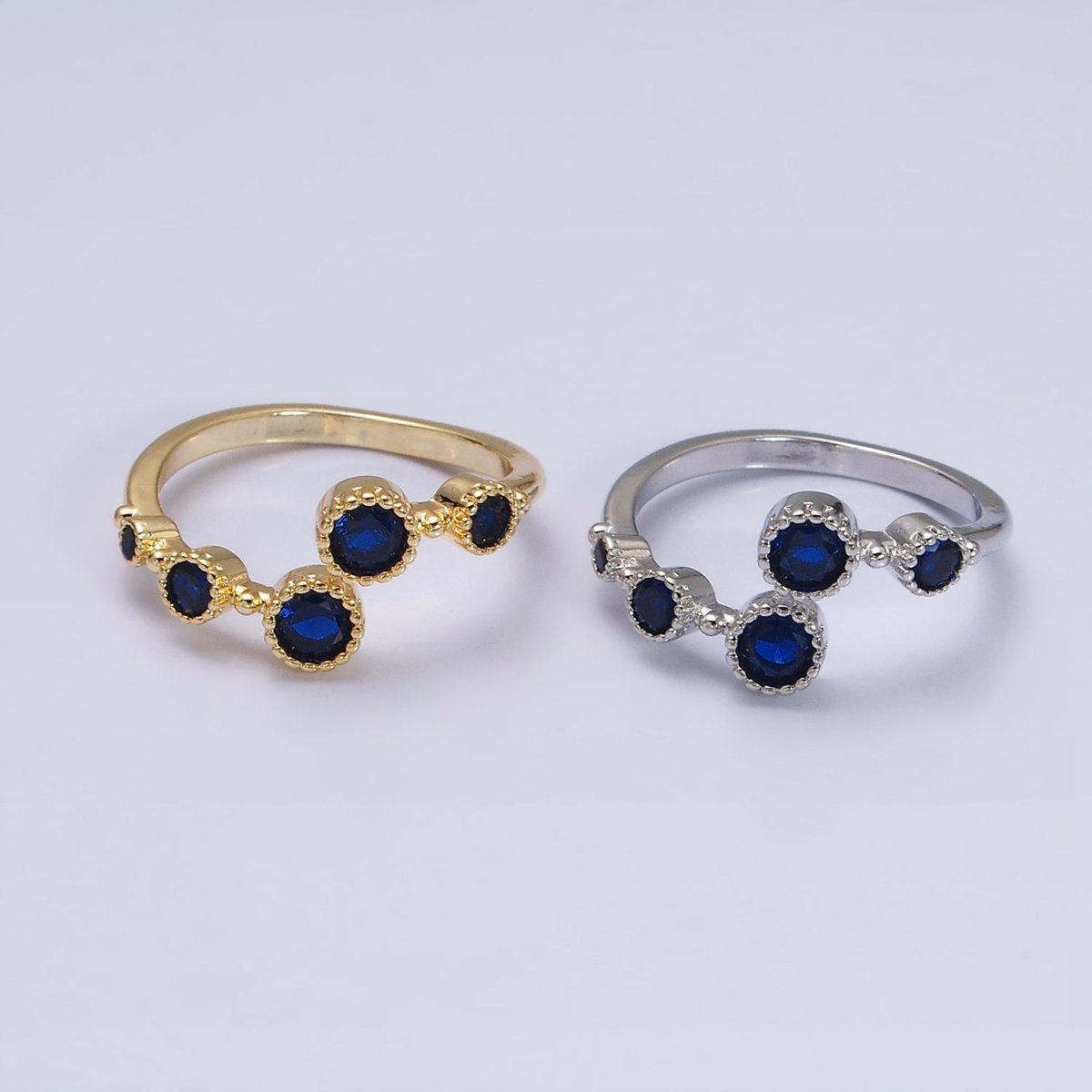16K Gold Filled Round Sapphire Blue CZ Open Adjustable Ring in Gold & Silver | O-1601 O-1602 - DLUXCA