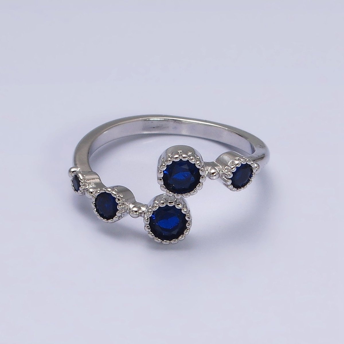 16K Gold Filled Round Sapphire Blue CZ Open Adjustable Ring in Gold & Silver | O-1601 O-1602 - DLUXCA