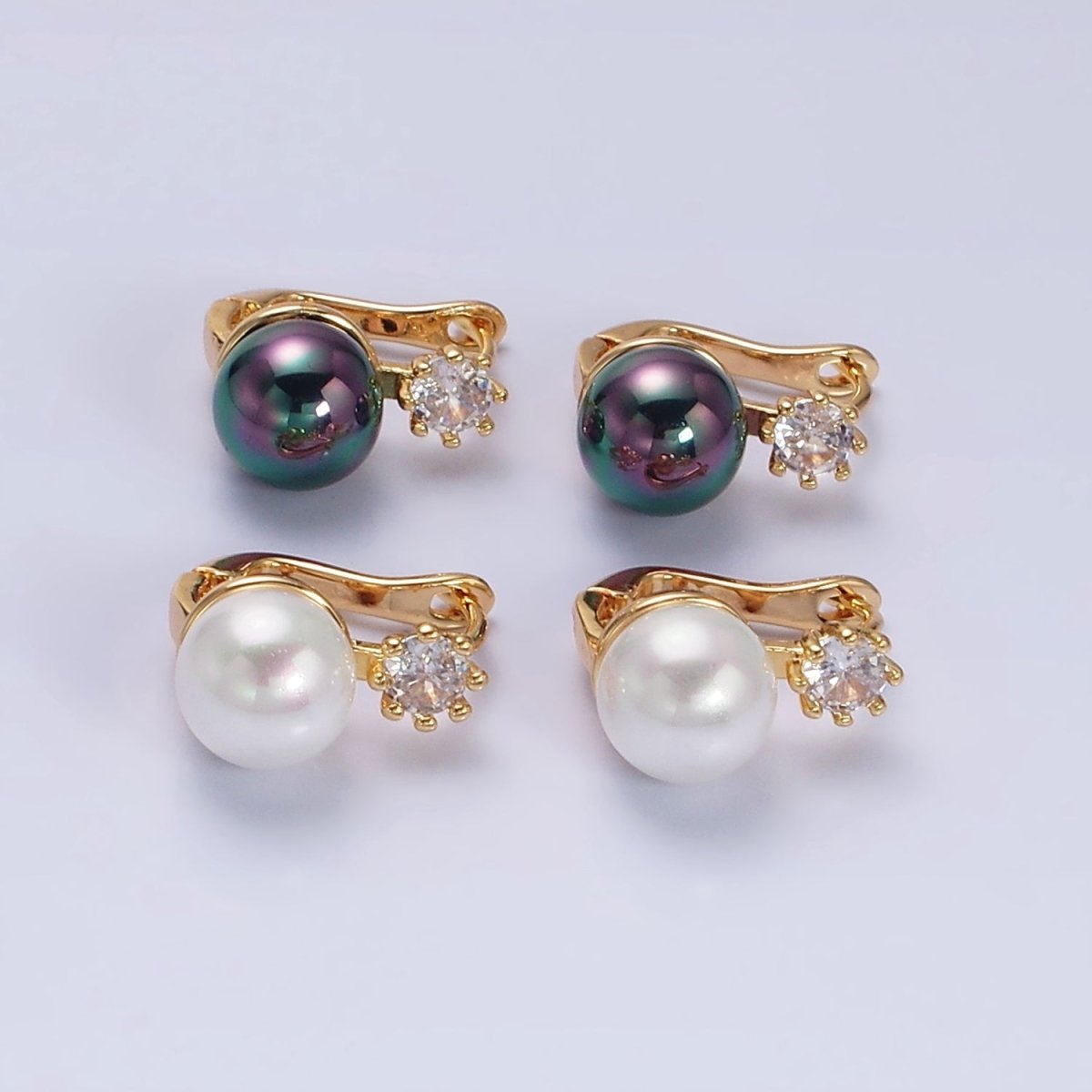 16K Gold Filled Round White, Black Pearl Clear CZ English Lock Earrings in Gold & Silver | AD1271 AD1272 - DLUXCA