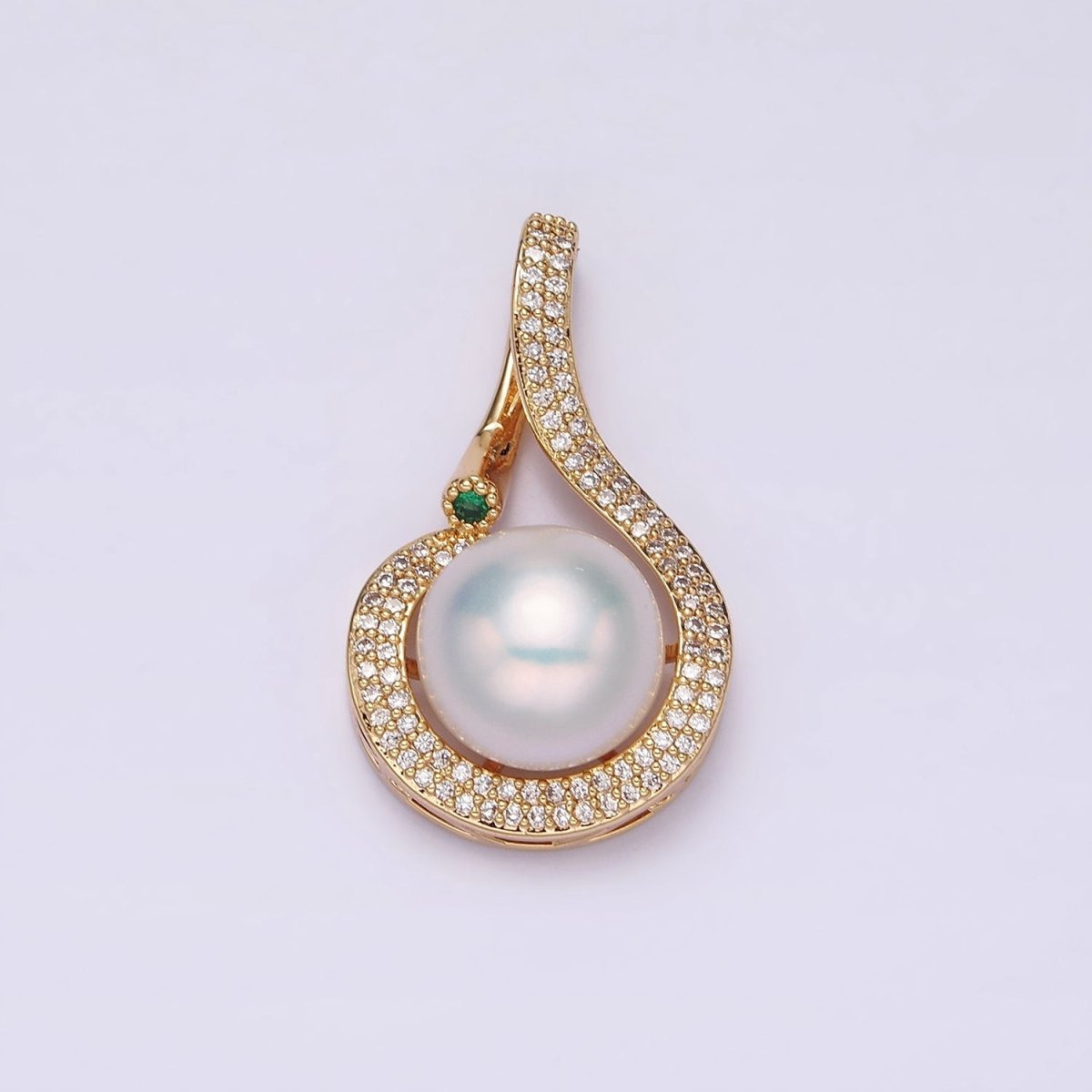 16K Gold Filled Round White Pearl Curved Micro Paved CZ Pendant in Gold & Silver | AA775 AA776 - DLUXCA