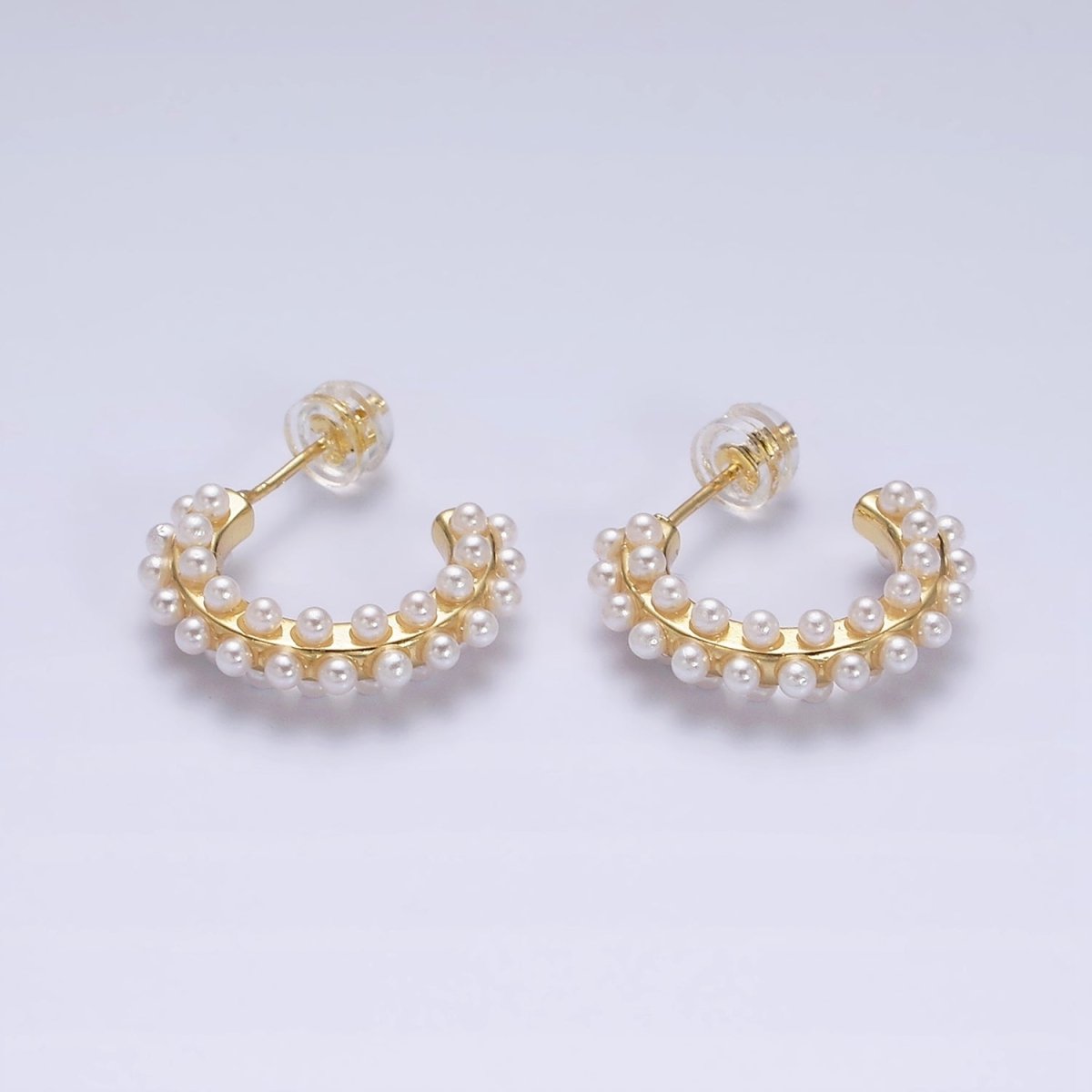 16K Gold Filled Round White Pearl Dotted C-Shaped Hoop Earrings in Gold & Silver | AE595 AE596 - DLUXCA