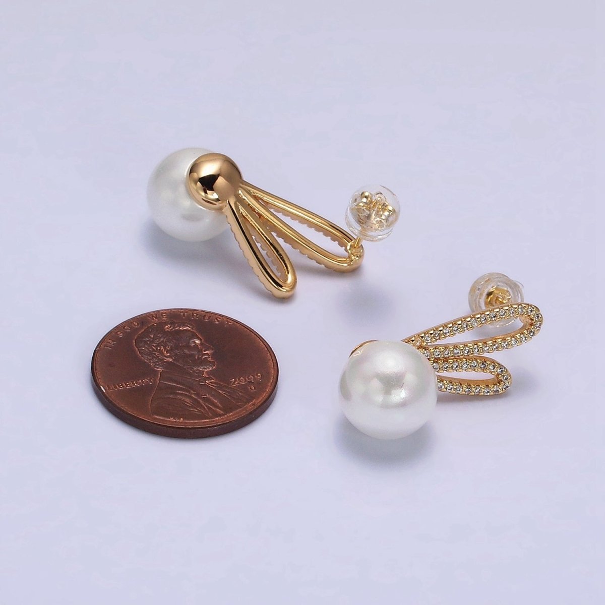 16K Gold Filled Round White Pearl Micro Paved CZ Bunny Rabbit Ears Stud Earrings in Gold & Silver | AE558 AE559 - DLUXCA