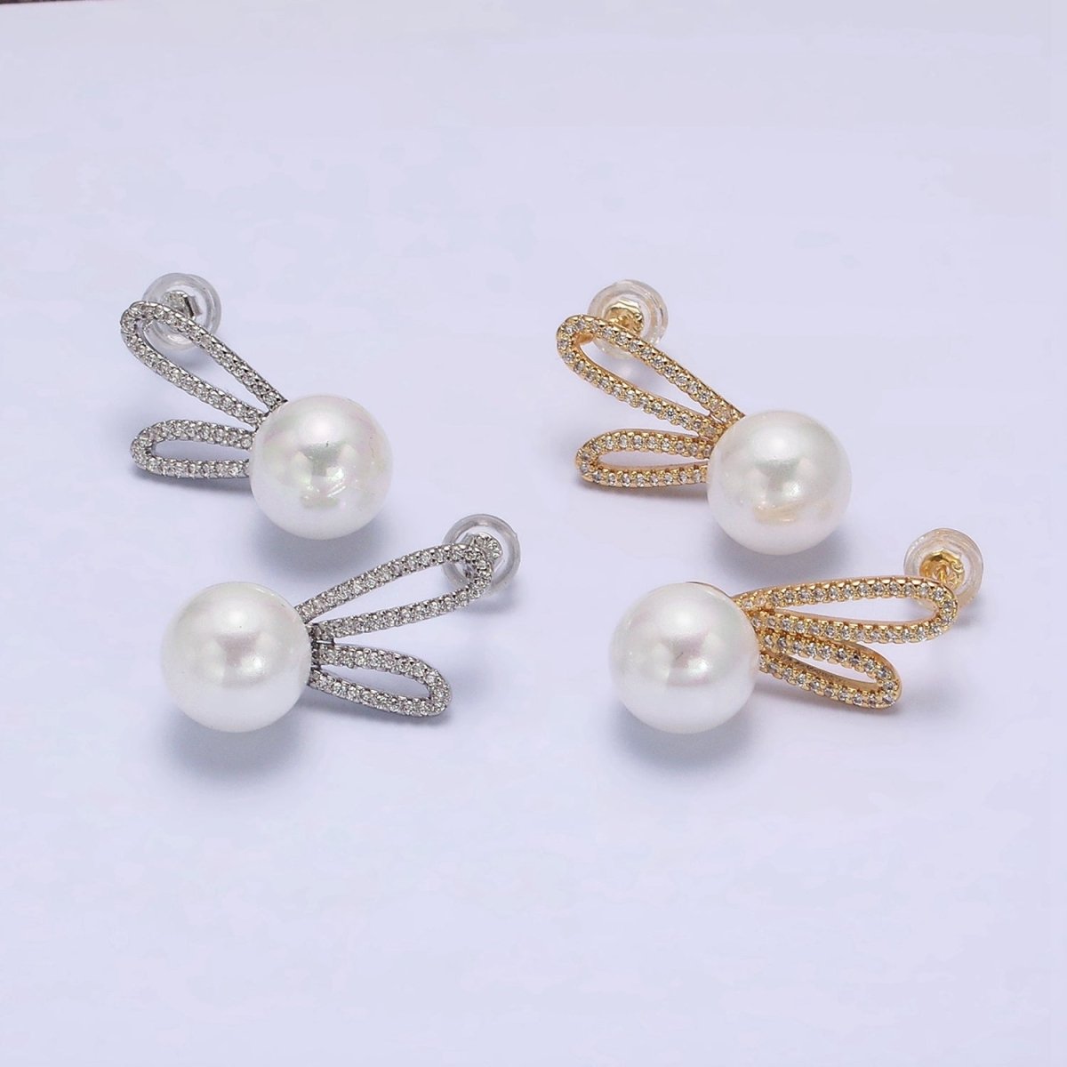 16K Gold Filled Round White Pearl Micro Paved CZ Bunny Rabbit Ears Stud Earrings in Gold & Silver | AE558 AE559 - DLUXCA
