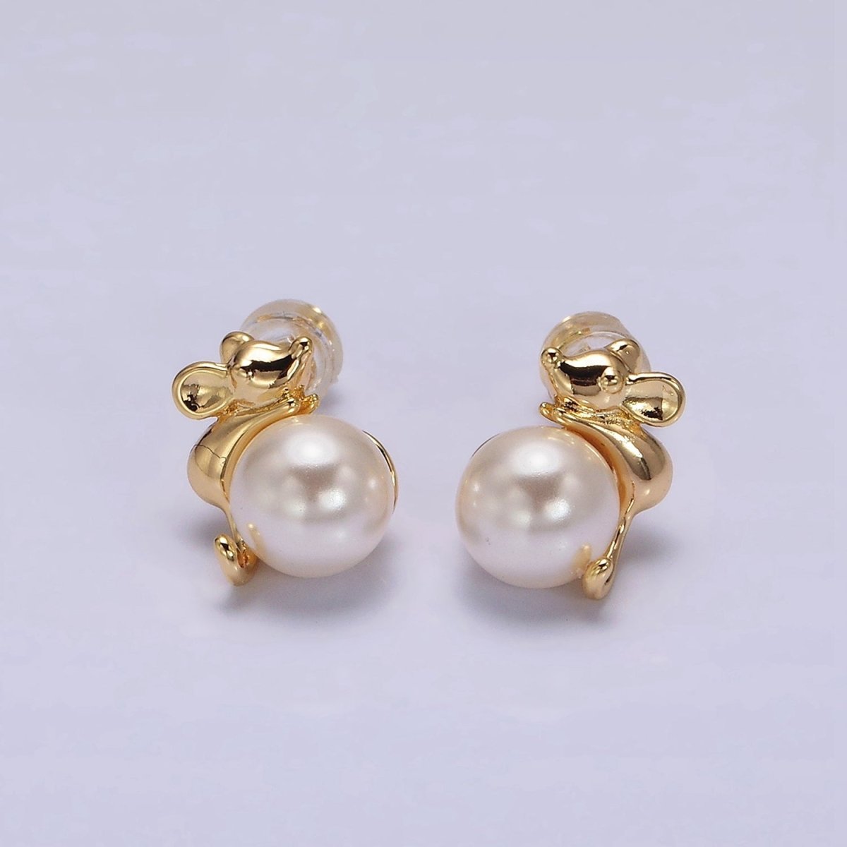 16K Gold Filled Round White Pearl Mouse Mice Animal Stud Earrings in Gold & Silver | AE556 AE557 - DLUXCA