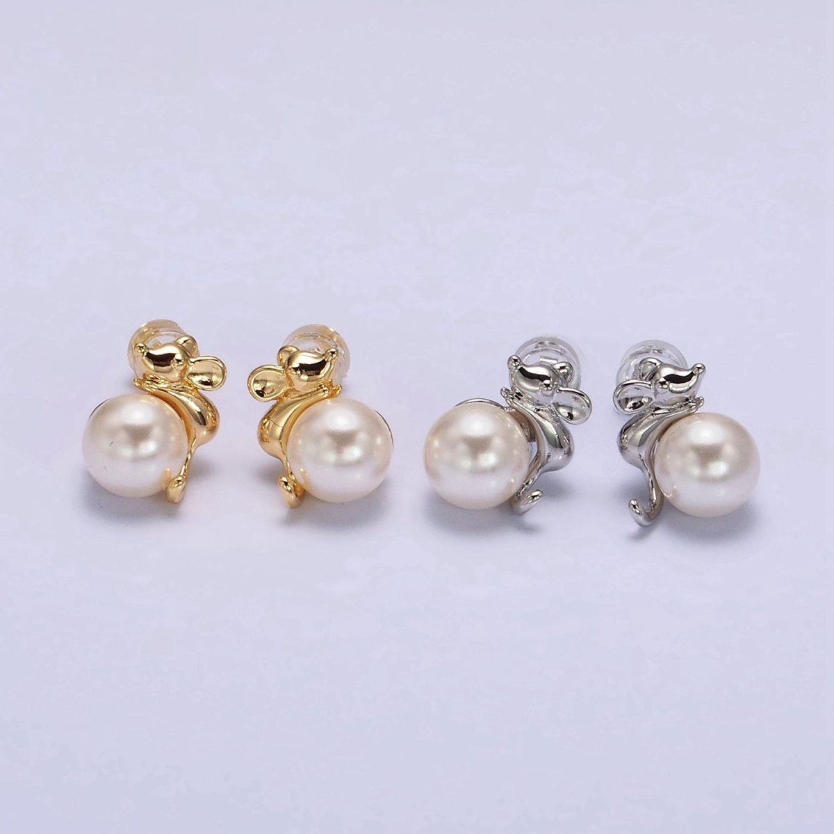 16K Gold Filled Round White Pearl Mouse Mice Animal Stud Earrings in Gold & Silver | AE556 AE557 - DLUXCA