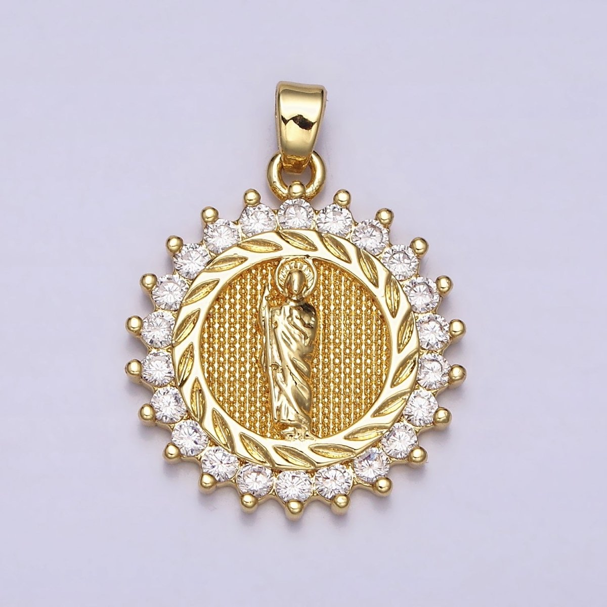 16K Gold Filled Saint St. Jude Textured Leaf Lined Clear CZ Round Pendant in Gold & Silver | AA477 AA478 - DLUXCA