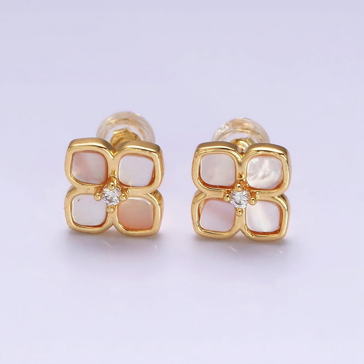 16K Gold Filled Shell Pearl Flower Quatrefoil Stud Earring in Gold & Silver | AD1554 AD1555 - DLUXCA