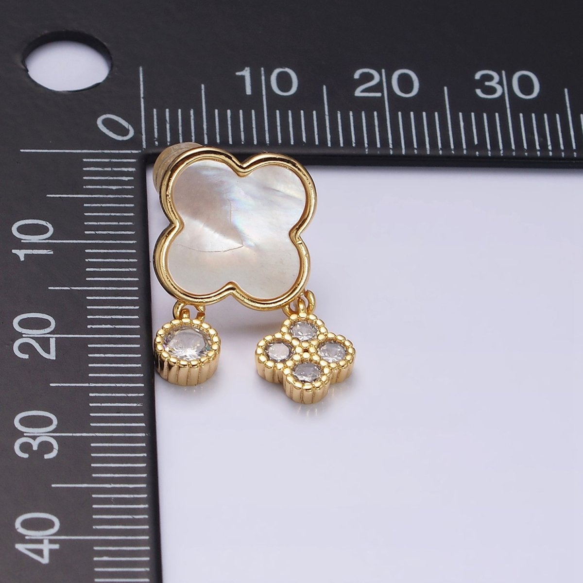 16K Gold Filled Shell Pearl Quatrefoil Clover Double Dangle Stud Earrings in Gold & Silver | AD1247 AD1248 - DLUXCA