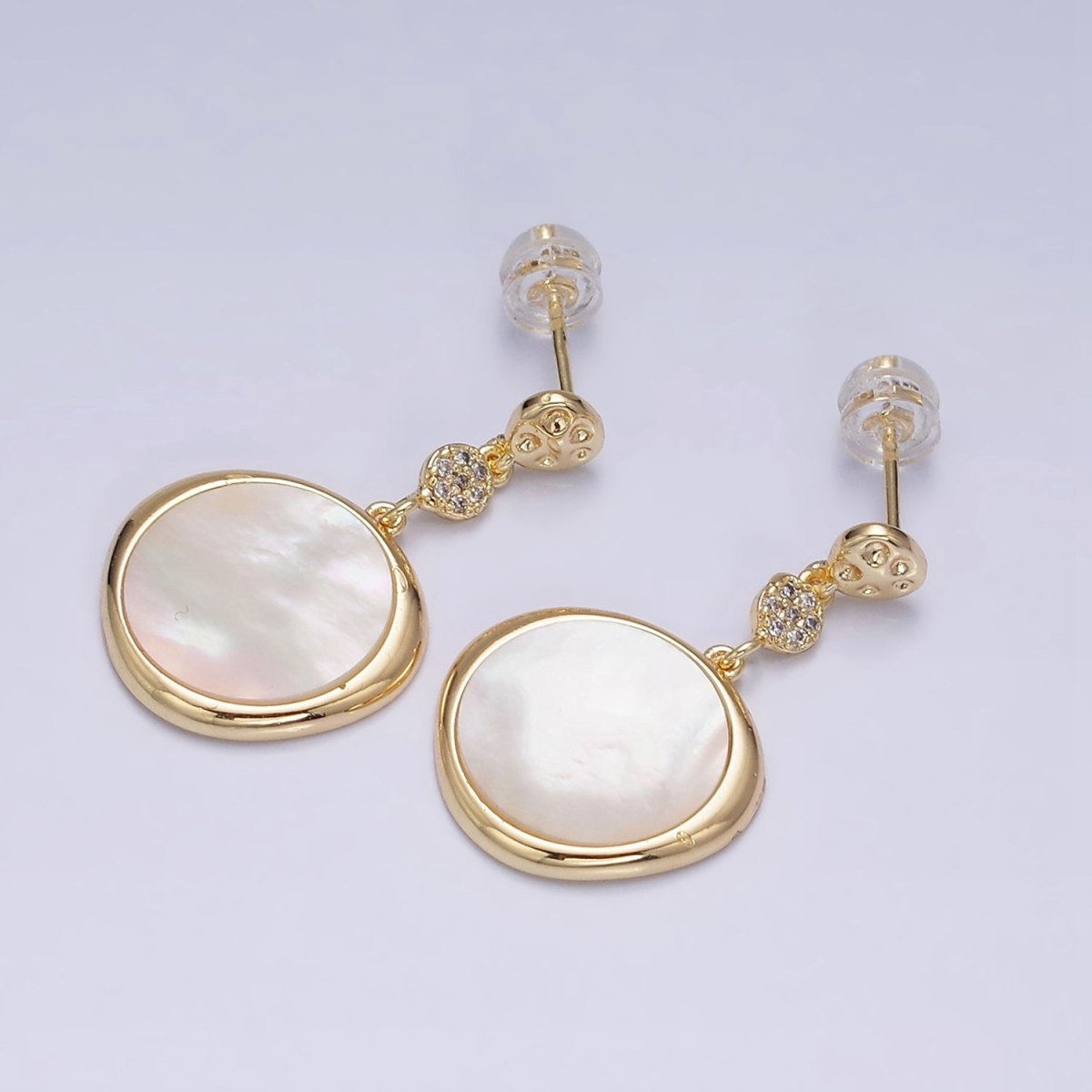16K Gold Filled Shell Pearl Stamped Micro Paved Hammered Triple Round Drop Stud Earrings in Gold & Silver | Y-799 Y-800 - DLUXCA
