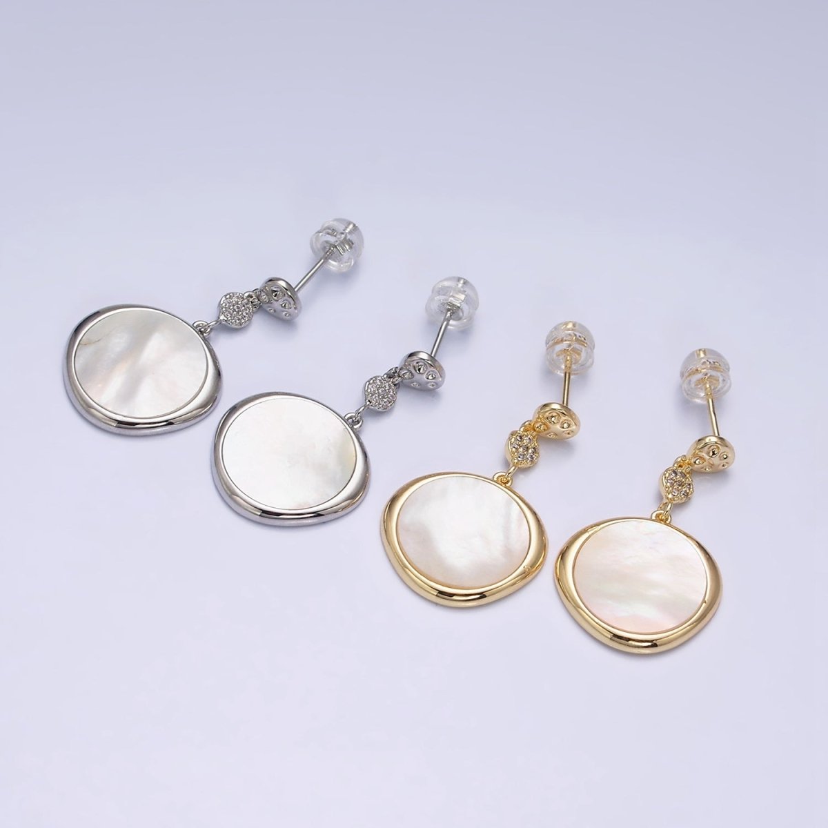 16K Gold Filled Shell Pearl Stamped Micro Paved Hammered Triple Round Drop Stud Earrings in Gold & Silver | Y-799 Y-800 - DLUXCA