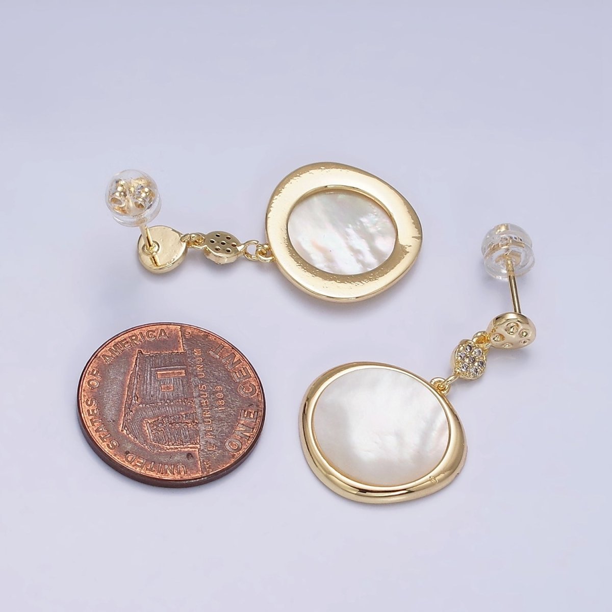 16K Gold Filled Shell Pearl Stamped Micro Paved Hammered Triple Round Drop Stud Earrings in Gold & Silver | Y-799 Y-800 - DLUXCA