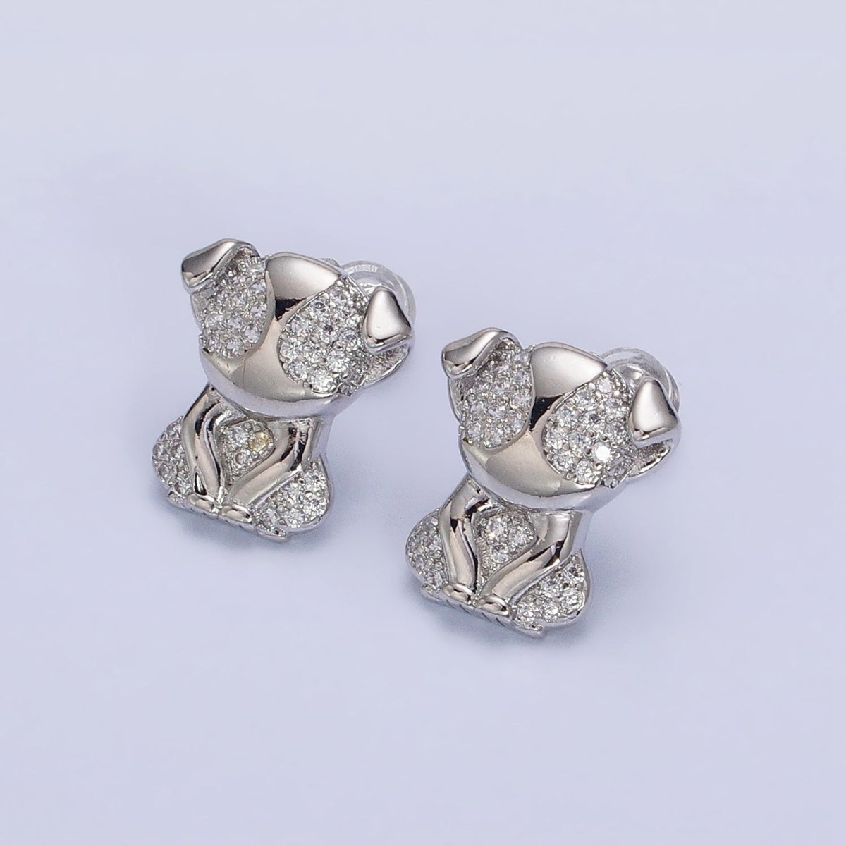 16K Gold Filled Sitting Puppy Dog Micro Paved CZ Stud Earrings in Gold & Silver | AB631 AB632 - DLUXCA