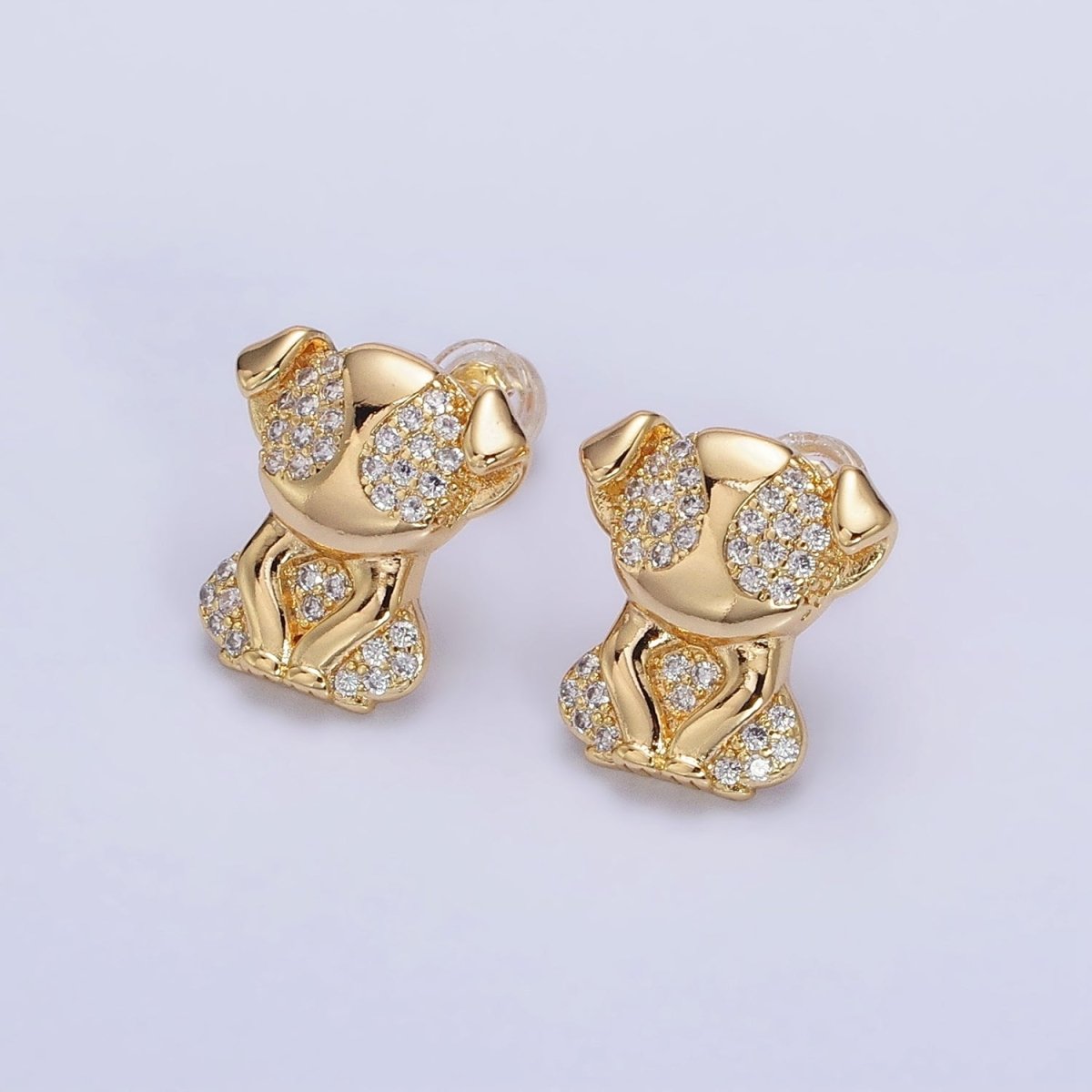 16K Gold Filled Sitting Puppy Dog Micro Paved CZ Stud Earrings in Gold & Silver | AB631 AB632 - DLUXCA