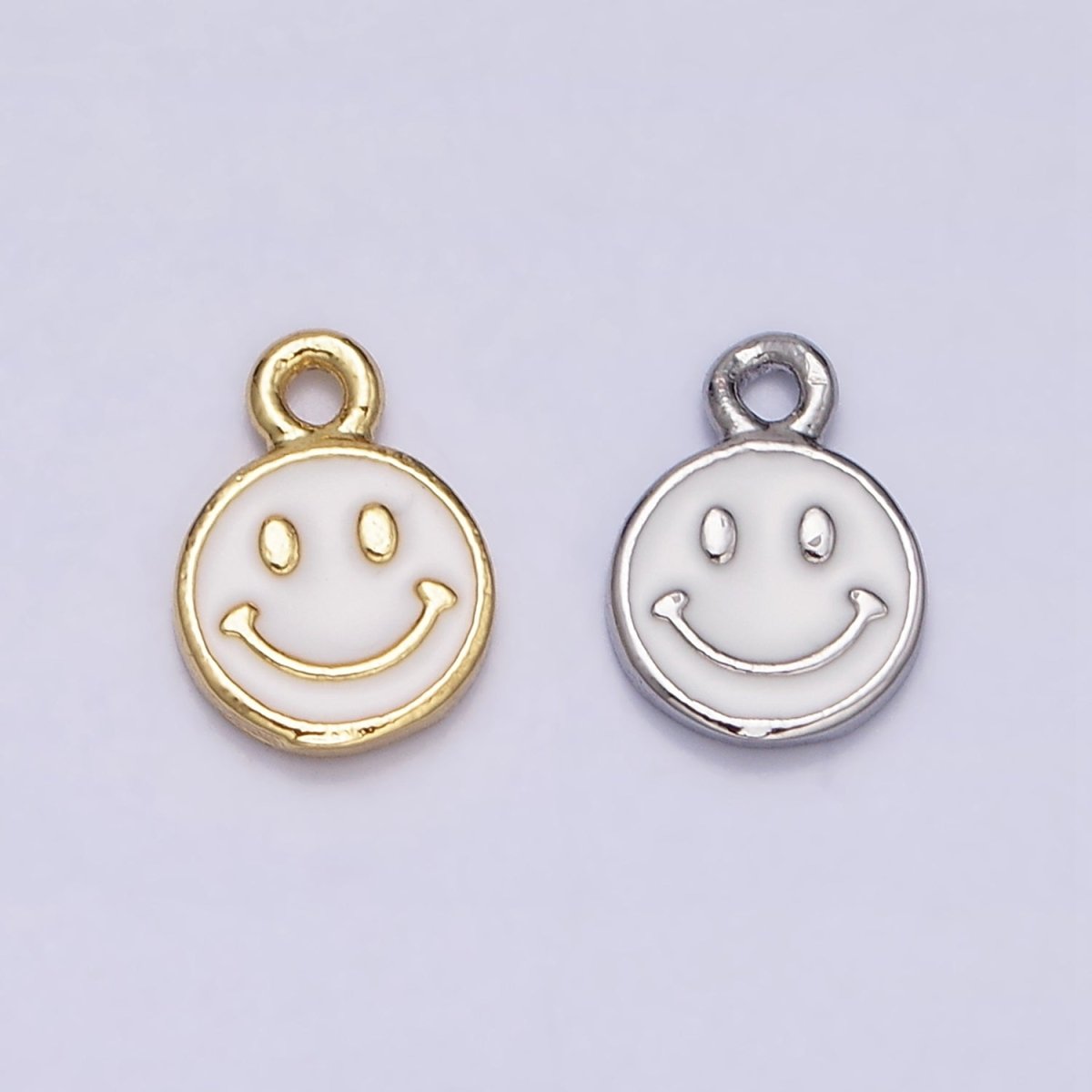 16K Gold Filled Smiley Face White Enamel Round Charm in Gold & Silver | AC1332 AC1333 - DLUXCA