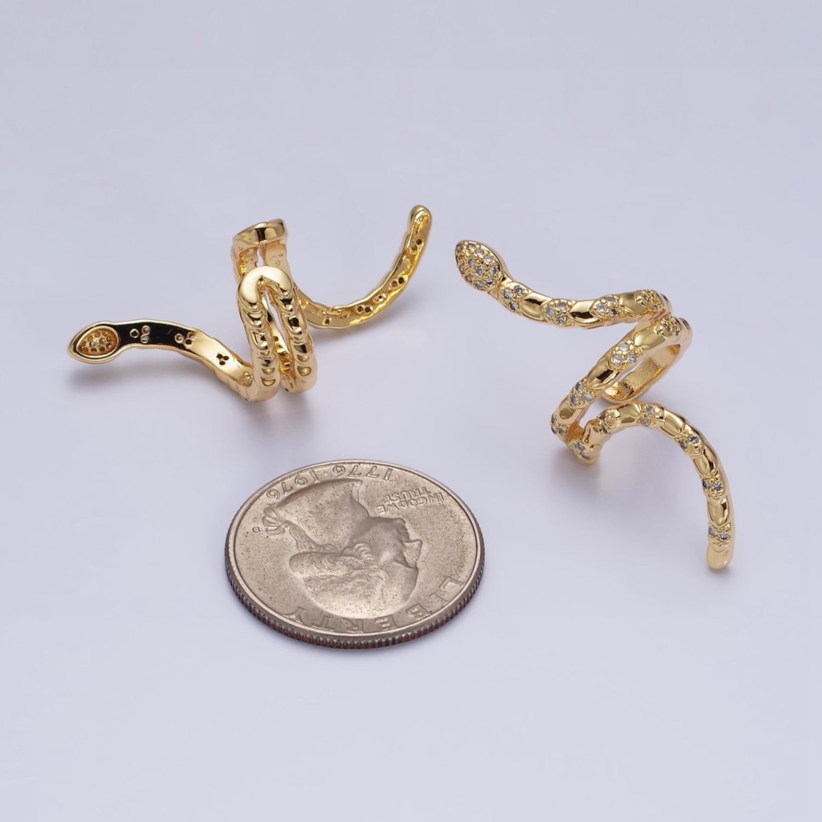 16K Gold Filled Snake Serpent Scale Textured Micro Paved CZ Long Ear Cuff Earrings in Gold & Silver | AI-011 AI-012 - DLUXCA