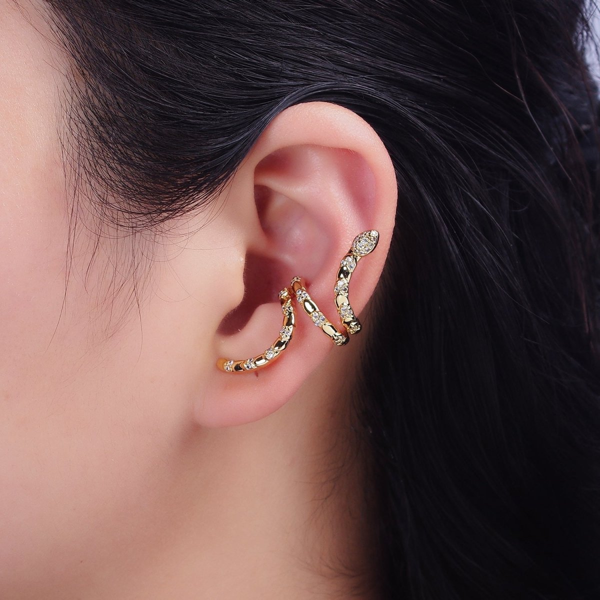 16K Gold Filled Snake Serpent Scale Textured Micro Paved CZ Long Ear Cuff Earrings in Gold & Silver | AI-011 AI-012 - DLUXCA