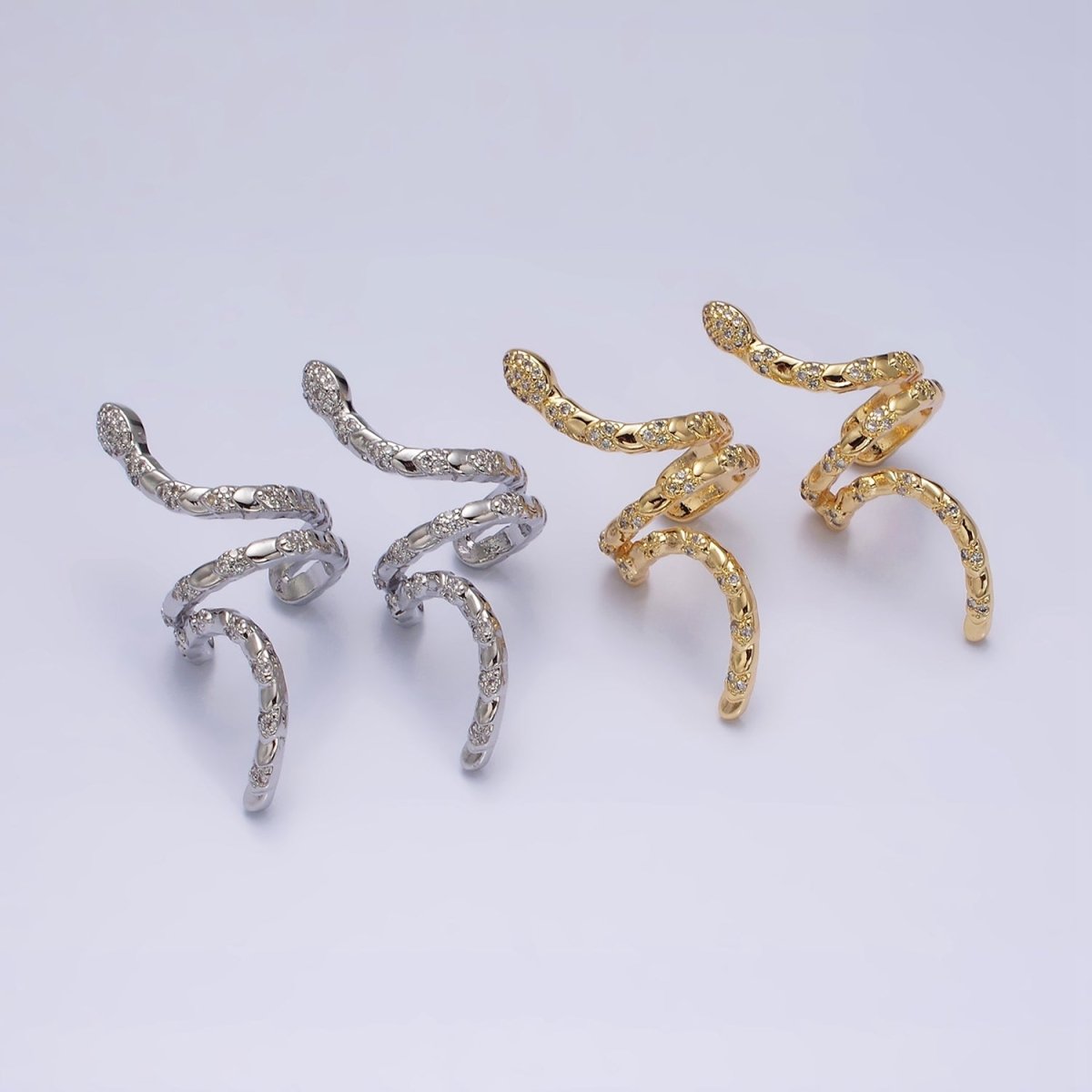 16K Gold Filled Snake Serpent Scale Textured Micro Paved CZ Long Ear Cuff Earrings in Gold & Silver | AI-011 AI-012 - DLUXCA