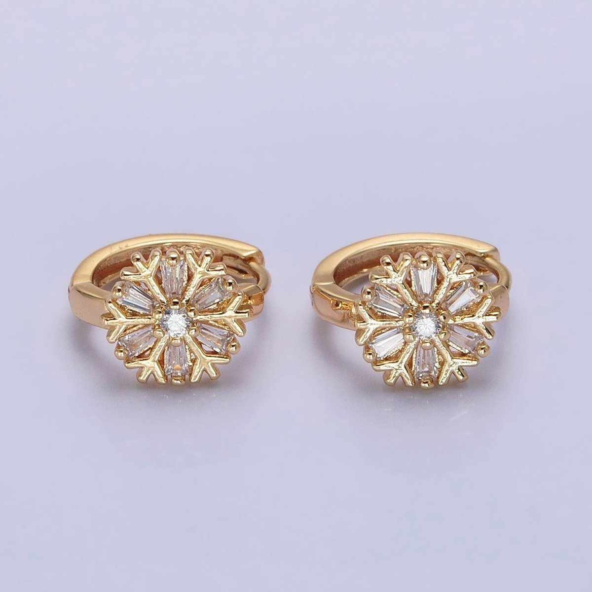 16K Gold Filled Snowflake Baguette CZ Huggie Earrings in Gold & Silver | AB1457 ABB1458 - DLUXCA