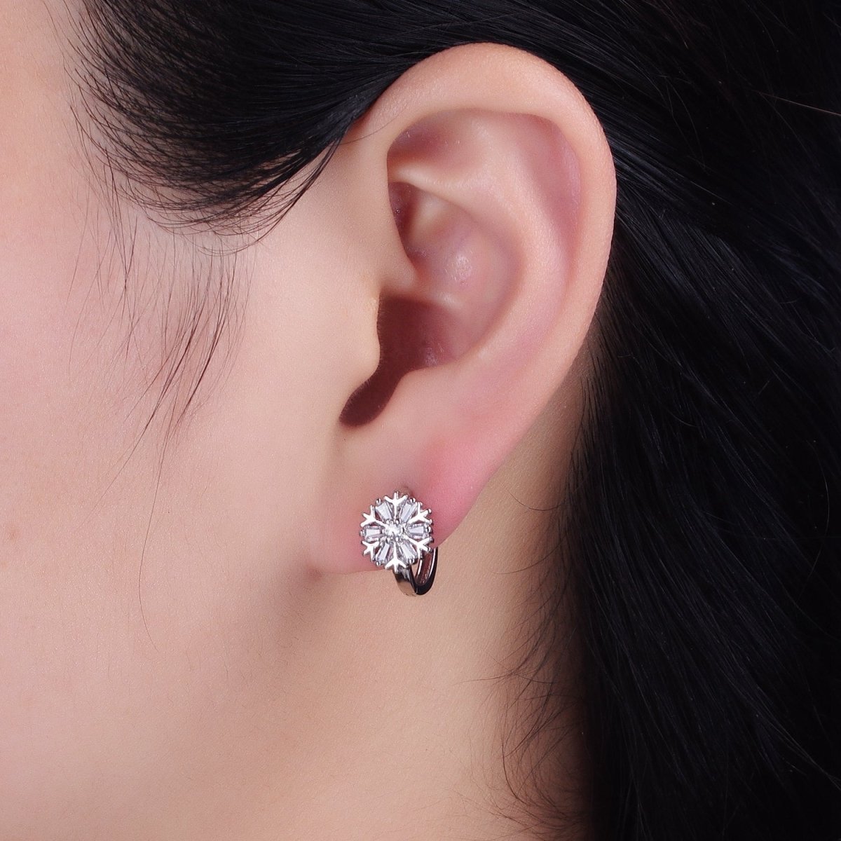 16K Gold Filled Snowflake Baguette CZ Huggie Earrings in Gold & Silver | AB1457 ABB1458 - DLUXCA
