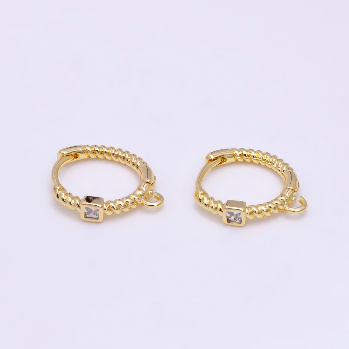 16K Gold Filled Square CZ Twisted Croissant Open Loop Huggie Earrings Supply in Gold & Silver | L810 L929 - DLUXCA
