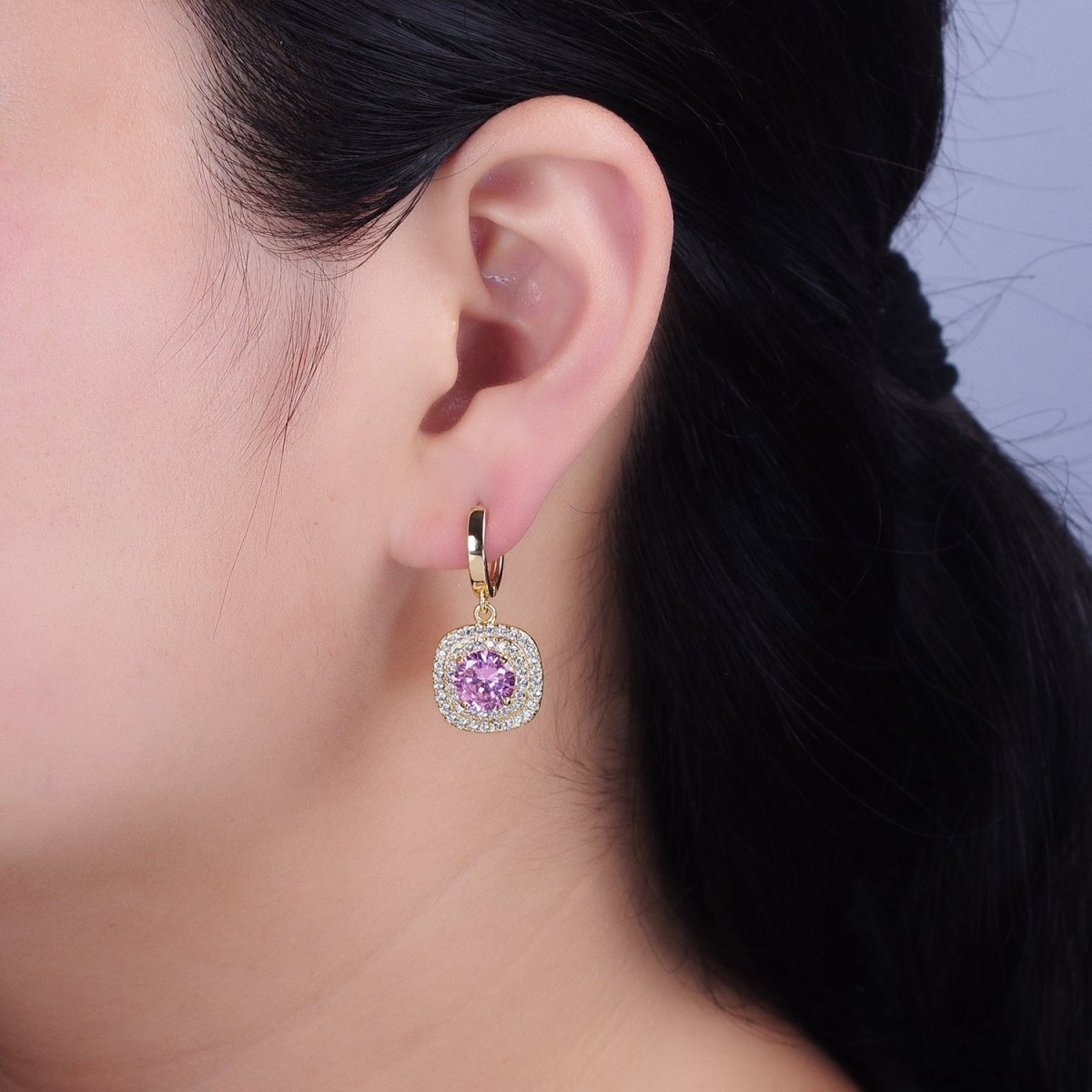 16K Gold Filled Square Micro Paved Round Clear, Pink CZ Drop Huggie Earrings in Gold & Silver | AB1411 - AB1414 - DLUXCA