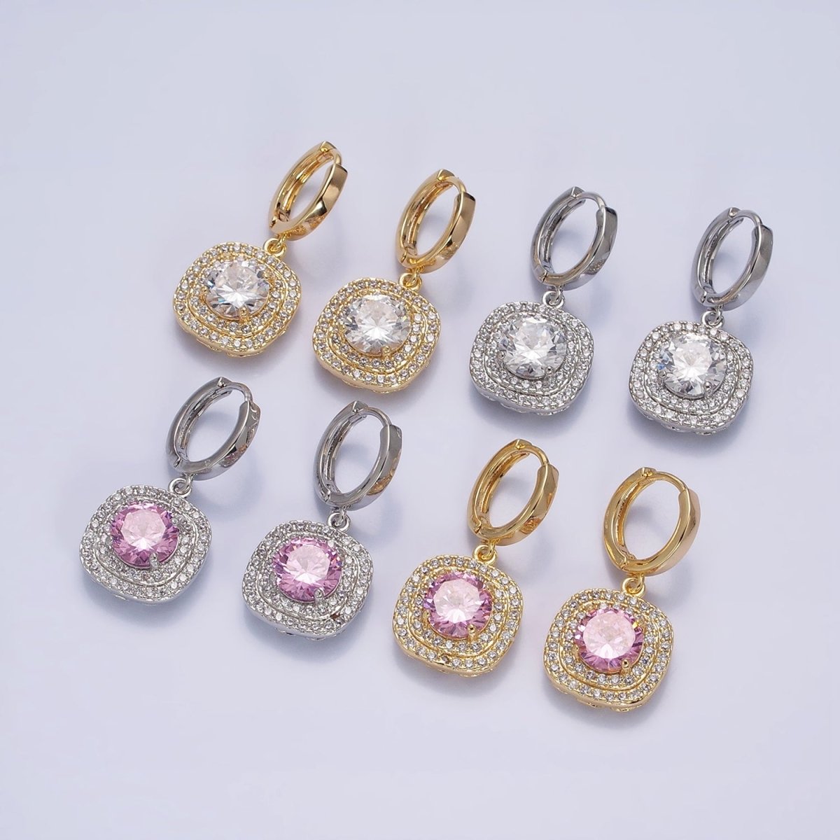 16K Gold Filled Square Micro Paved Round Clear, Pink CZ Drop Huggie Earrings in Gold & Silver | AB1411 - AB1414 - DLUXCA