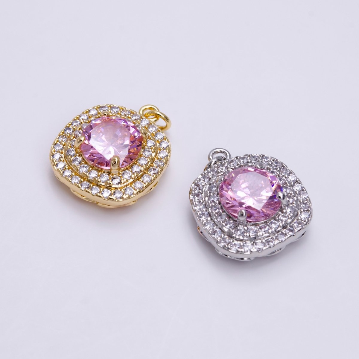 16K Gold Filled Square Micro Paved Round Pink CZ Add-On Charm in Gold & Silver | AC1459 AC1460 - DLUXCA