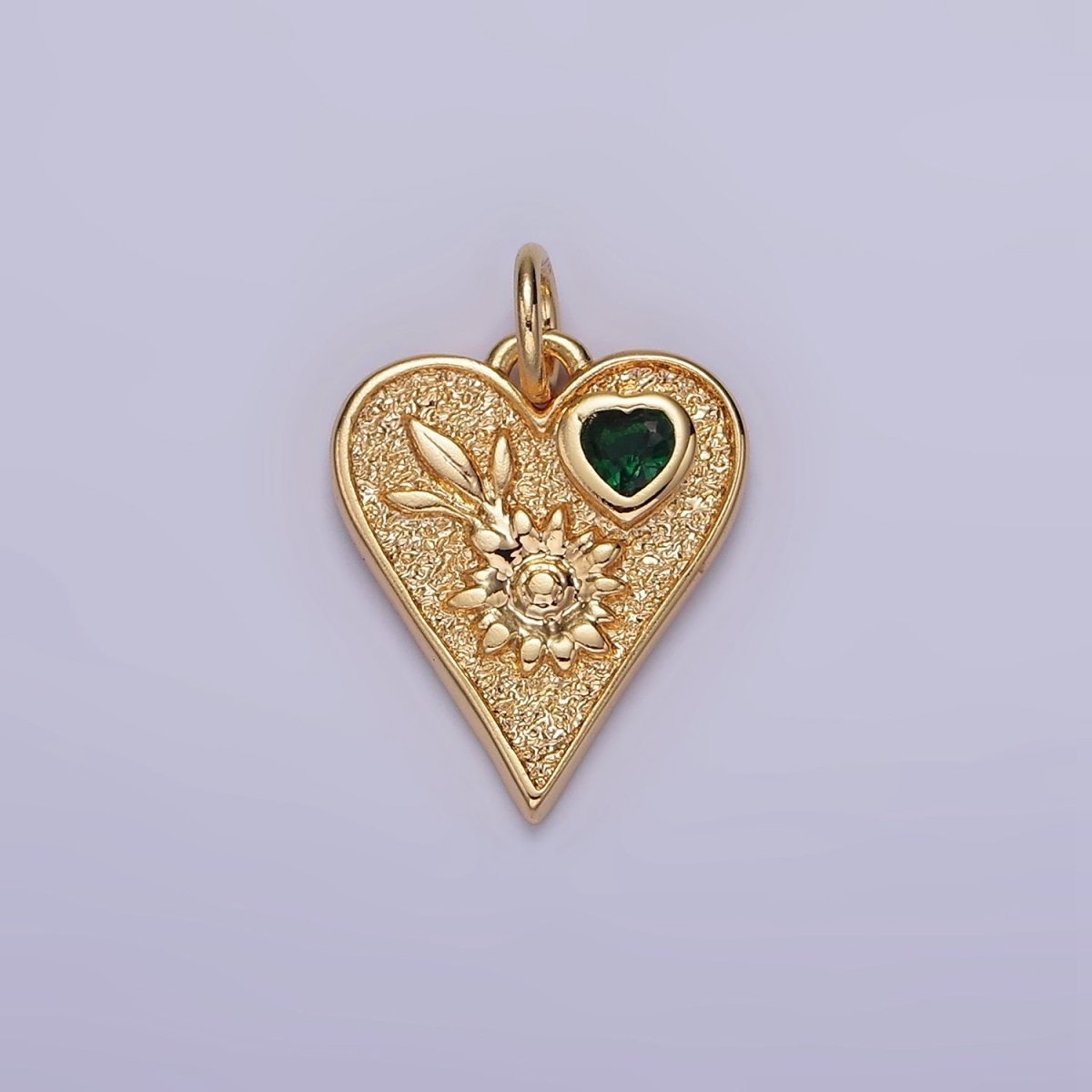 16K Gold Filled Sunflower Plant Green CZ Hammered Heart Charm | N1011 - DLUXCA