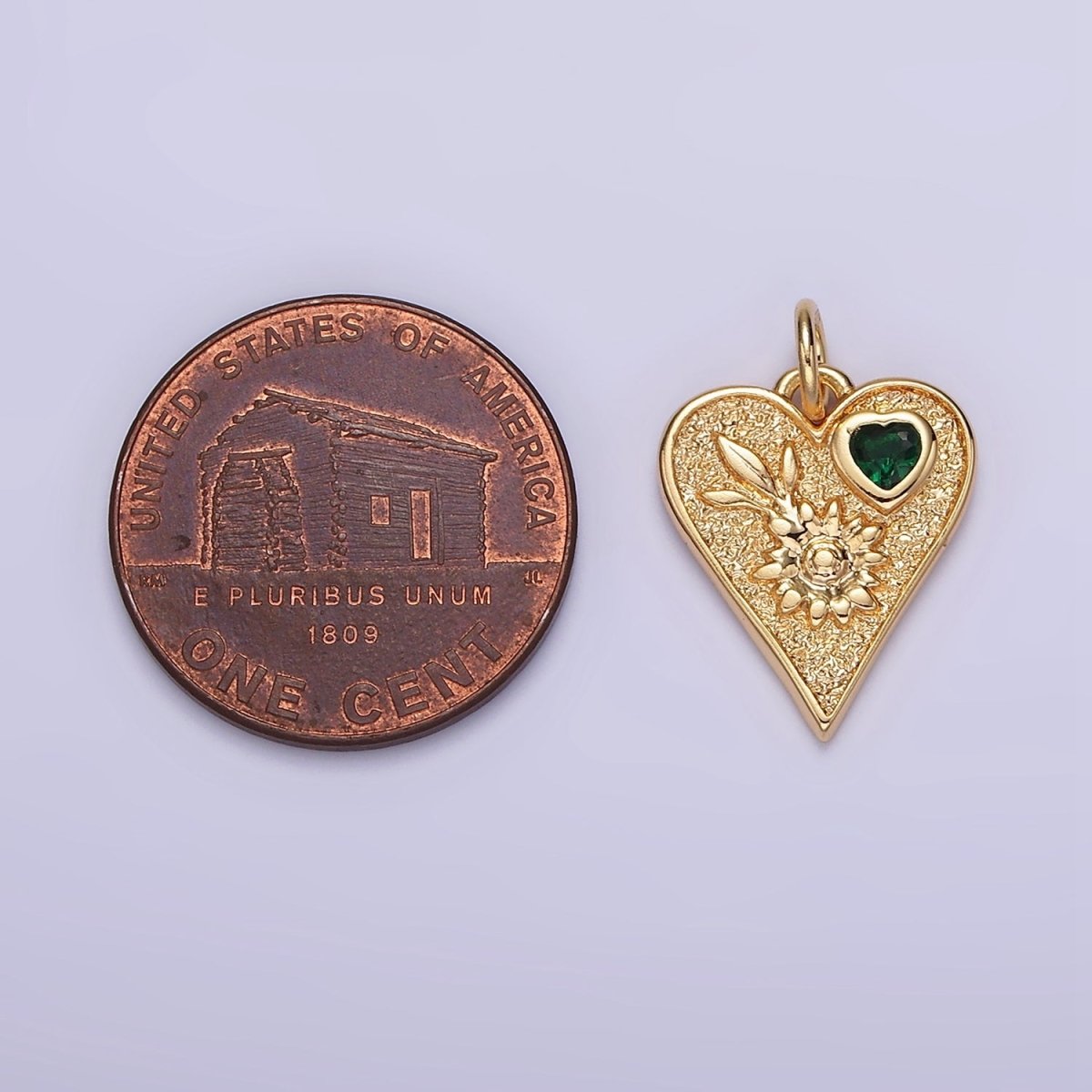 16K Gold Filled Sunflower Plant Green CZ Hammered Heart Charm | N1011 - DLUXCA