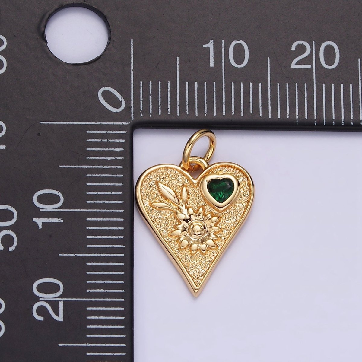 16K Gold Filled Sunflower Plant Green CZ Hammered Heart Charm | N1011 - DLUXCA