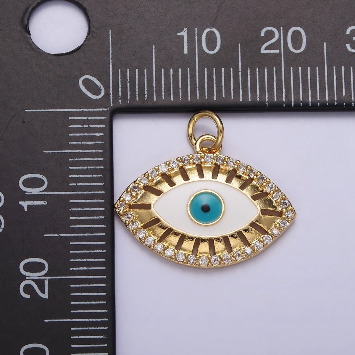 16K Gold Filled Teal Blue Evil Eye Open Bar Micro Paved CZ Charm | AC1421 - DLUXCA