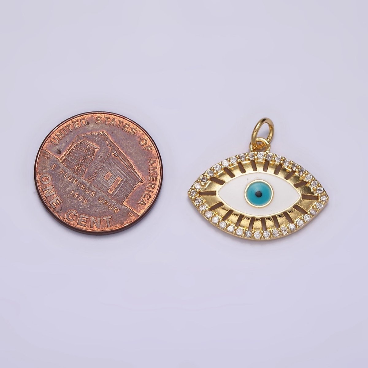 16K Gold Filled Teal Blue Evil Eye Open Bar Micro Paved CZ Charm | AC1421 - DLUXCA