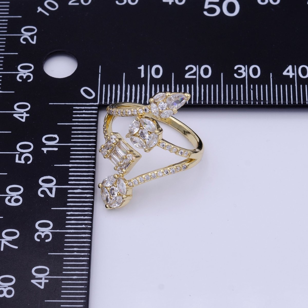 16K Gold Filled Teardrop Round Baguette Clear CZ Multiple Band Open Statement Ring in Gold & Silver | O-1571 O-1572 - DLUXCA