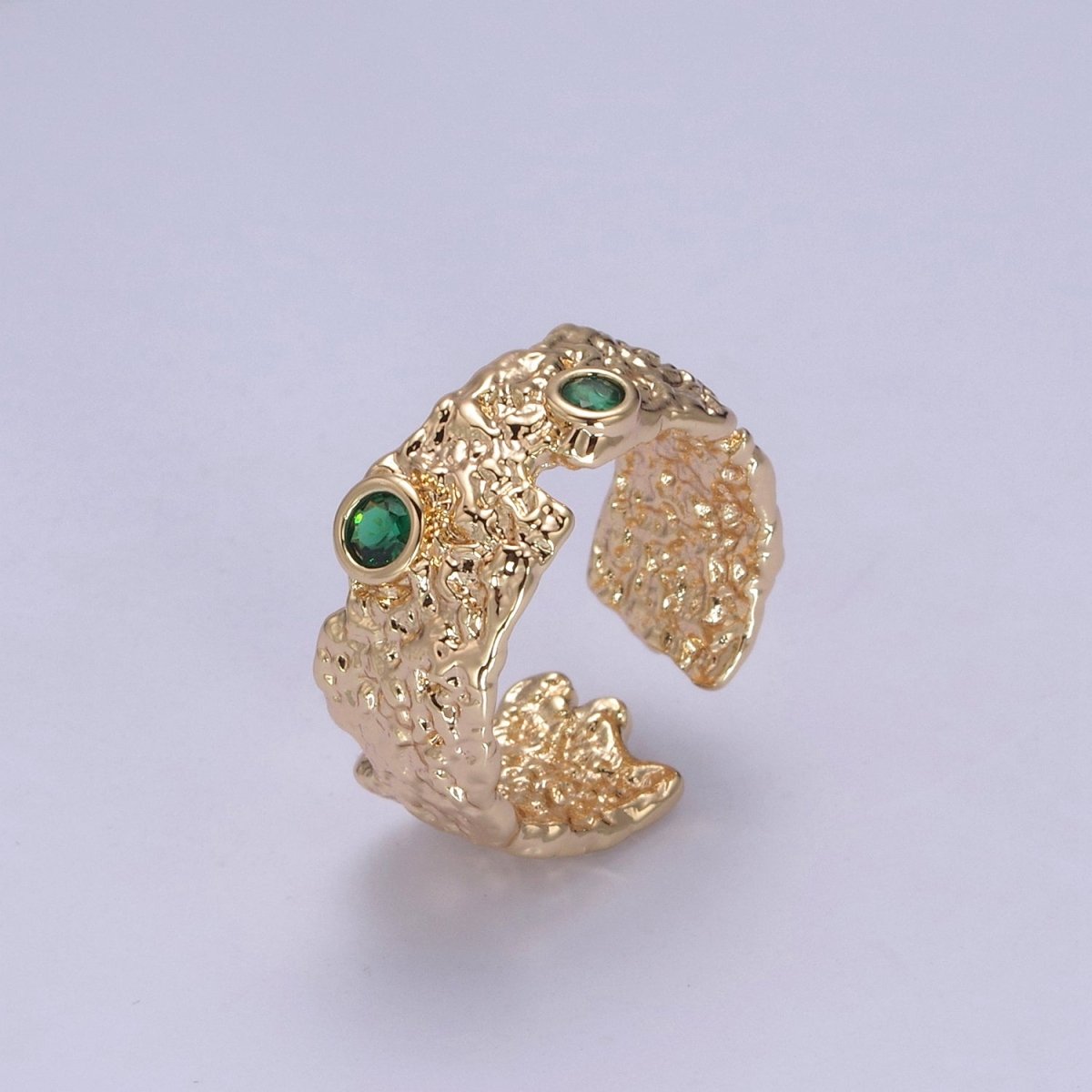 16K Gold Filled Textured Abstract Emerald Green Crystal Zirconia CZ Adjustable Open, Statement Ring U-238 - DLUXCA