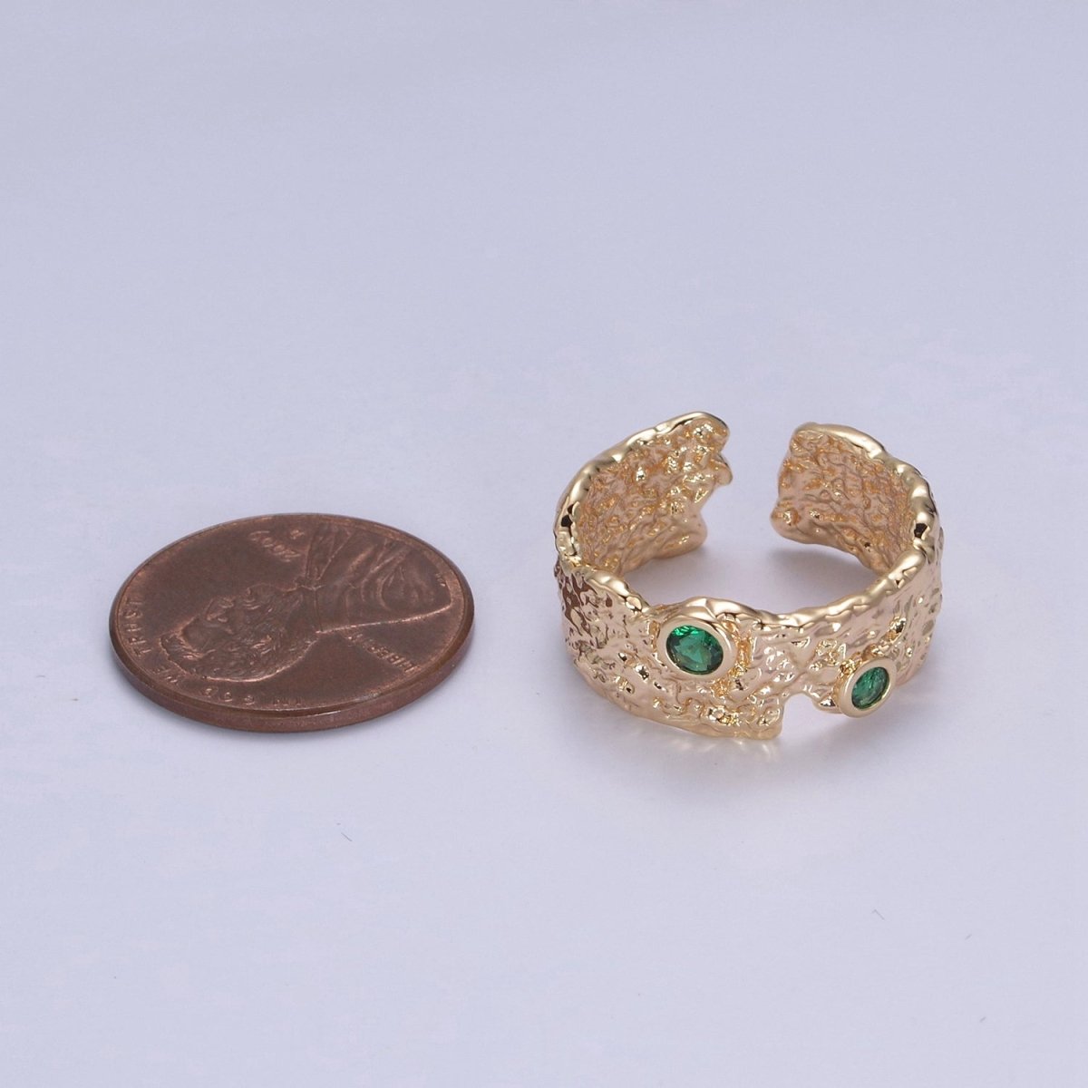 16K Gold Filled Textured Abstract Emerald Green Crystal Zirconia CZ Adjustable Open, Statement Ring U-238 - DLUXCA