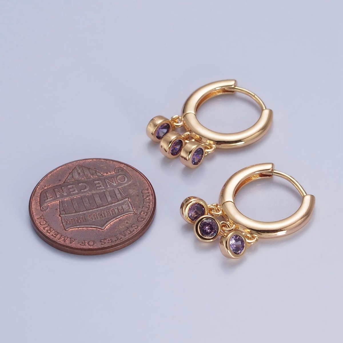 16K Gold Filled Three Round Cubic Zirconia CZ Charm Dangle Hoop Huggie Hoop Earrings P-157~P-164 - DLUXCA