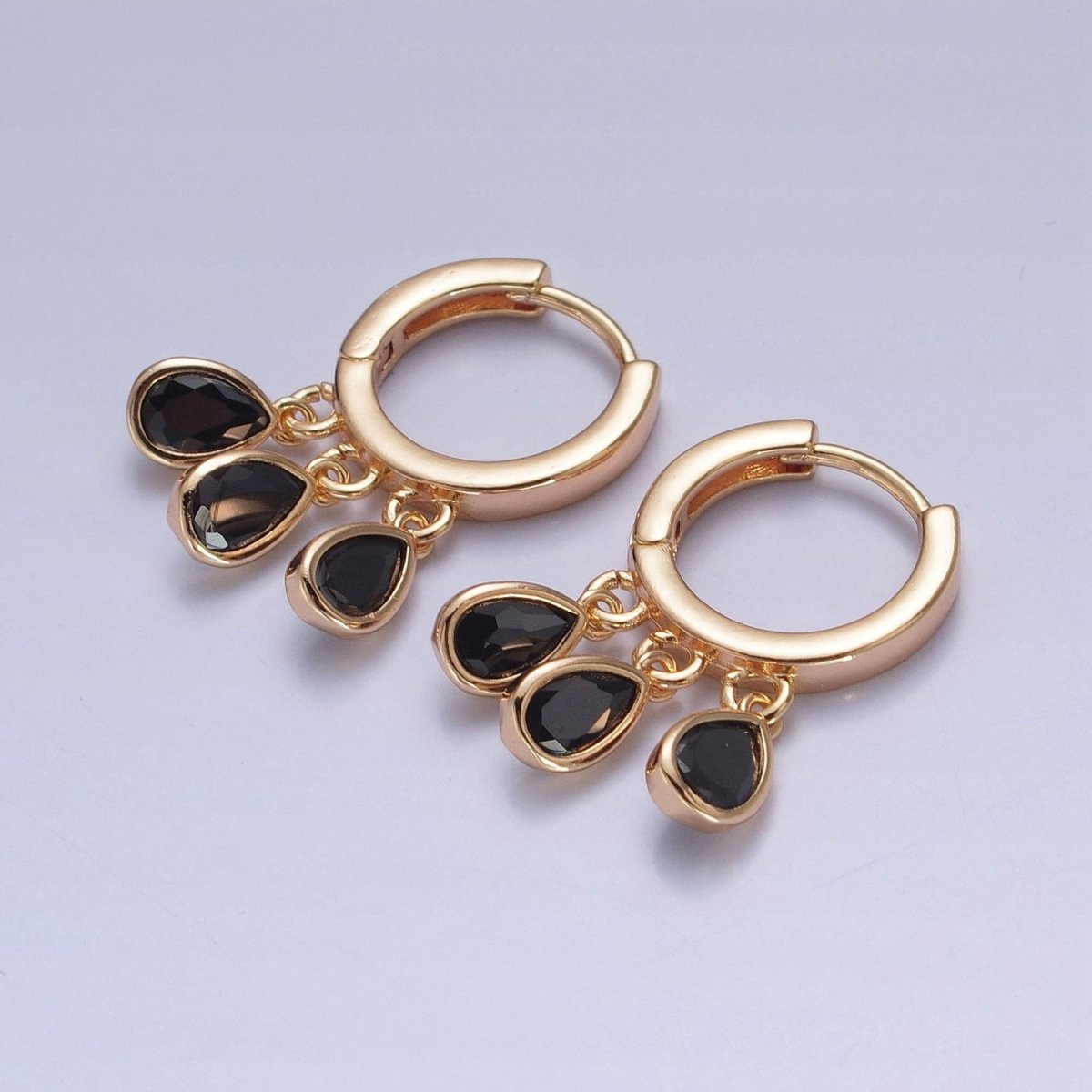 16K Gold Filled Three Teardrop Cubic Zirconia Huggie Dangle Drop Earrings P-172~P-174 T-175 - DLUXCA