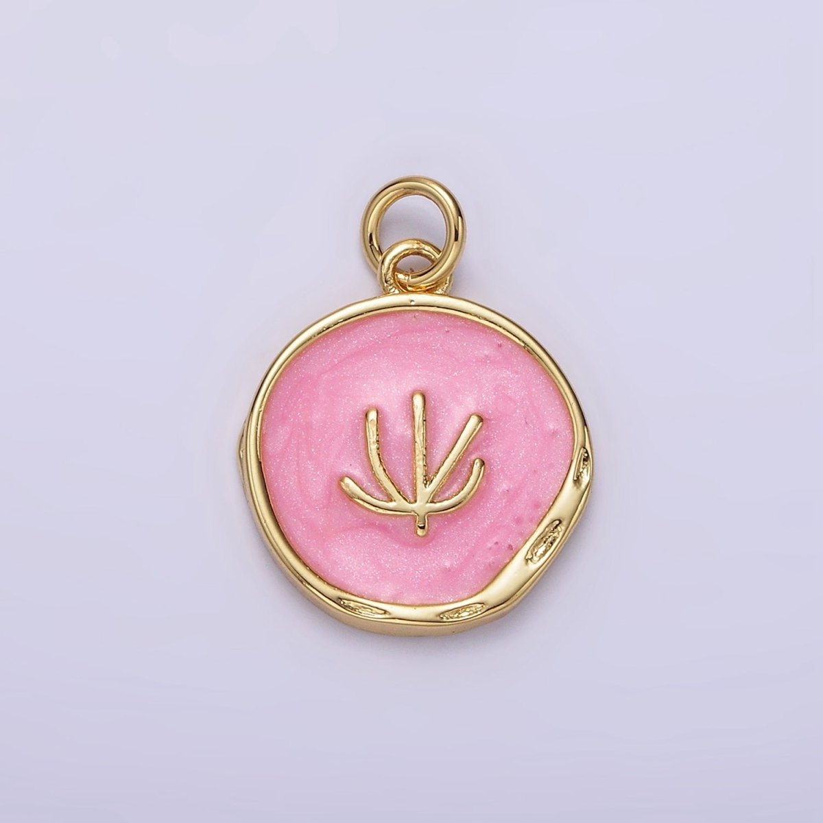 16K Gold Filled Tree Doodle Line Seaweed Broken White, Pink Sparkly Enamel Stamped Dented Round Charm | N1771 N1772 - DLUXCA