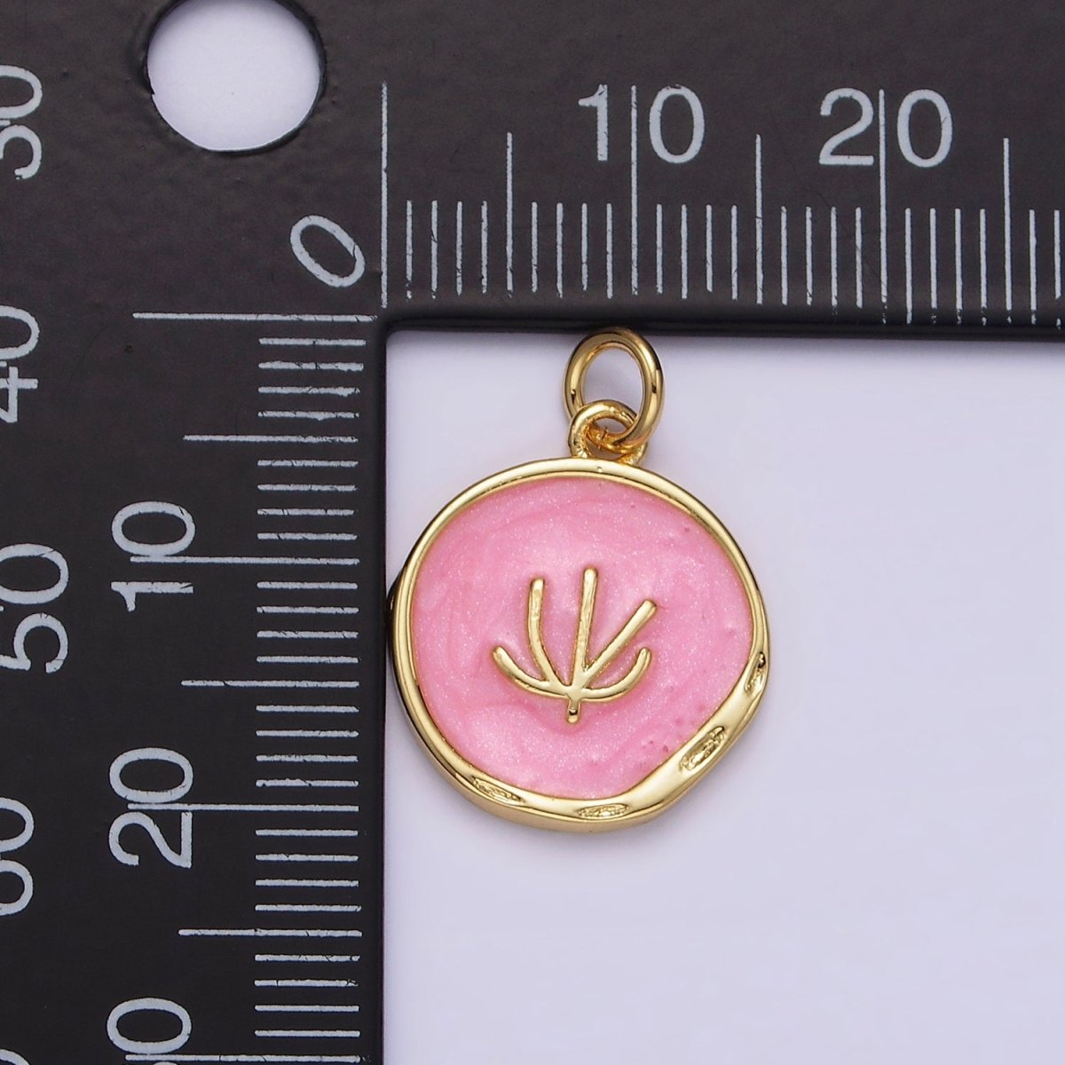 16K Gold Filled Tree Doodle Line Seaweed Broken White, Pink Sparkly Enamel Stamped Dented Round Charm | N1771 N1772 - DLUXCA