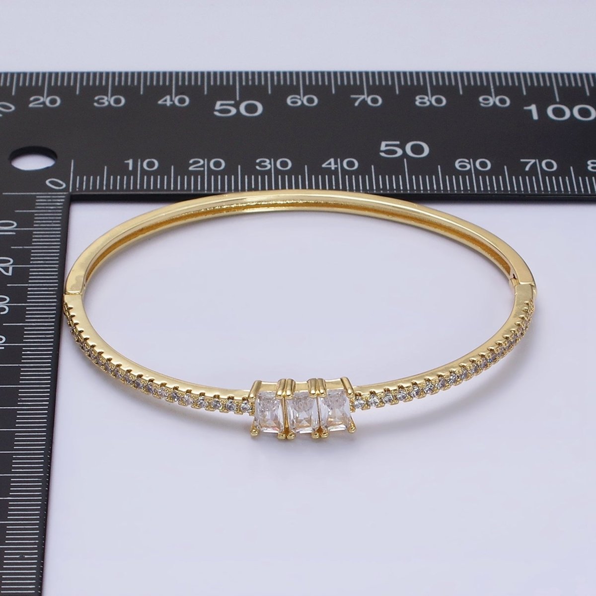 16K Gold Filled Triple Baguette CZ Micro Paved CZ Stackable Hinge Bangle Bracelet | WA-1762 Clearance Pricing - DLUXCA