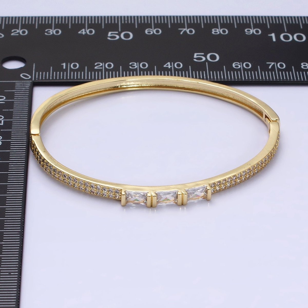 16K Gold Filled Triple Baguette Lined CZ Micro Paved CZ Stackable Hinge Bangle Bracelet | WA-1757 Clearance Pricing - DLUXCA
