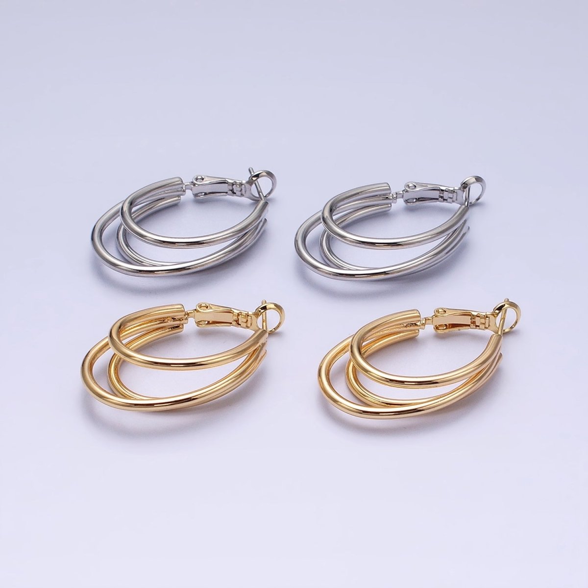16K Gold Filled Triple Band Oblong Hinge Hoop Earrings in Gold & Silver | AD847 AD848 - DLUXCA